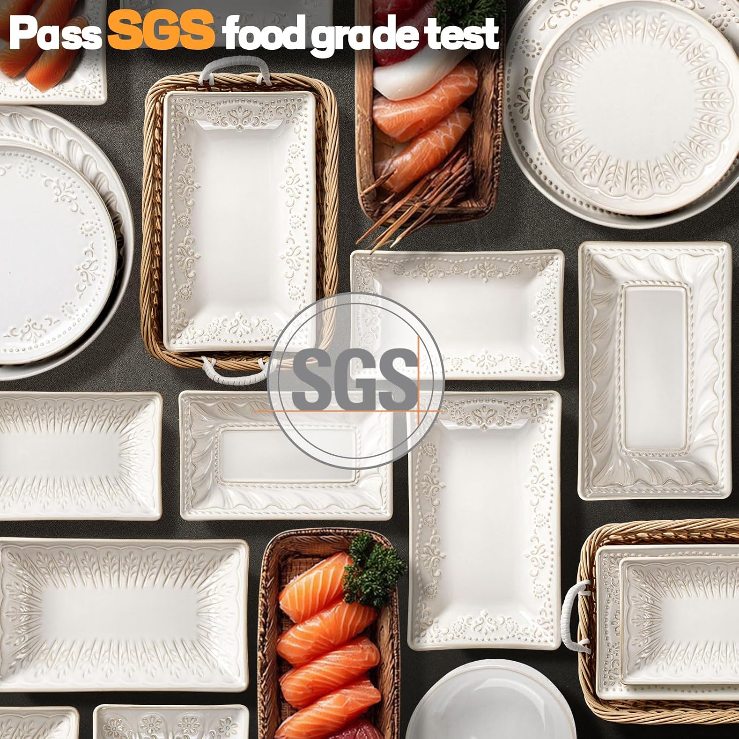 Artena Ceramic Pasta Bowls Set of 4-9.85 Inch Large Salad Bowls, 25 oz Serving Bowls for Soup, Dinner & Party - Embossed Microwave Safe Kitchen Dishes, Rectangle Plates (Damask Floral) - Image 4