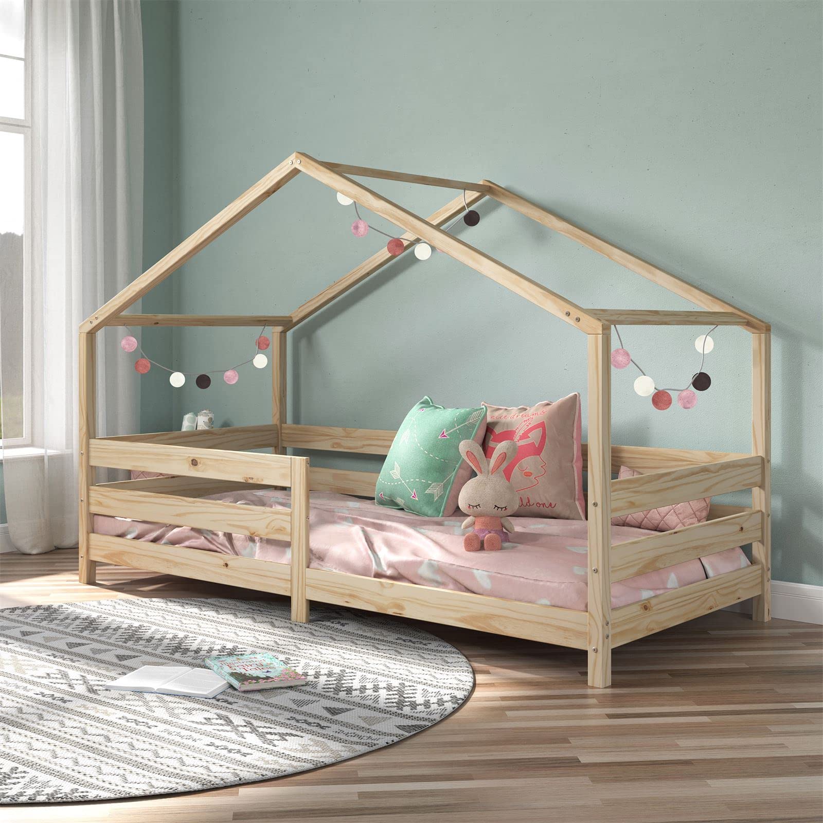 IDIMEX Huisbed ENA uit massief grenen, mooi Montessoribed in 90 x 200 cm, kinderbed met valbescherming, stabiel speelbed met dak en 2 laden in wit