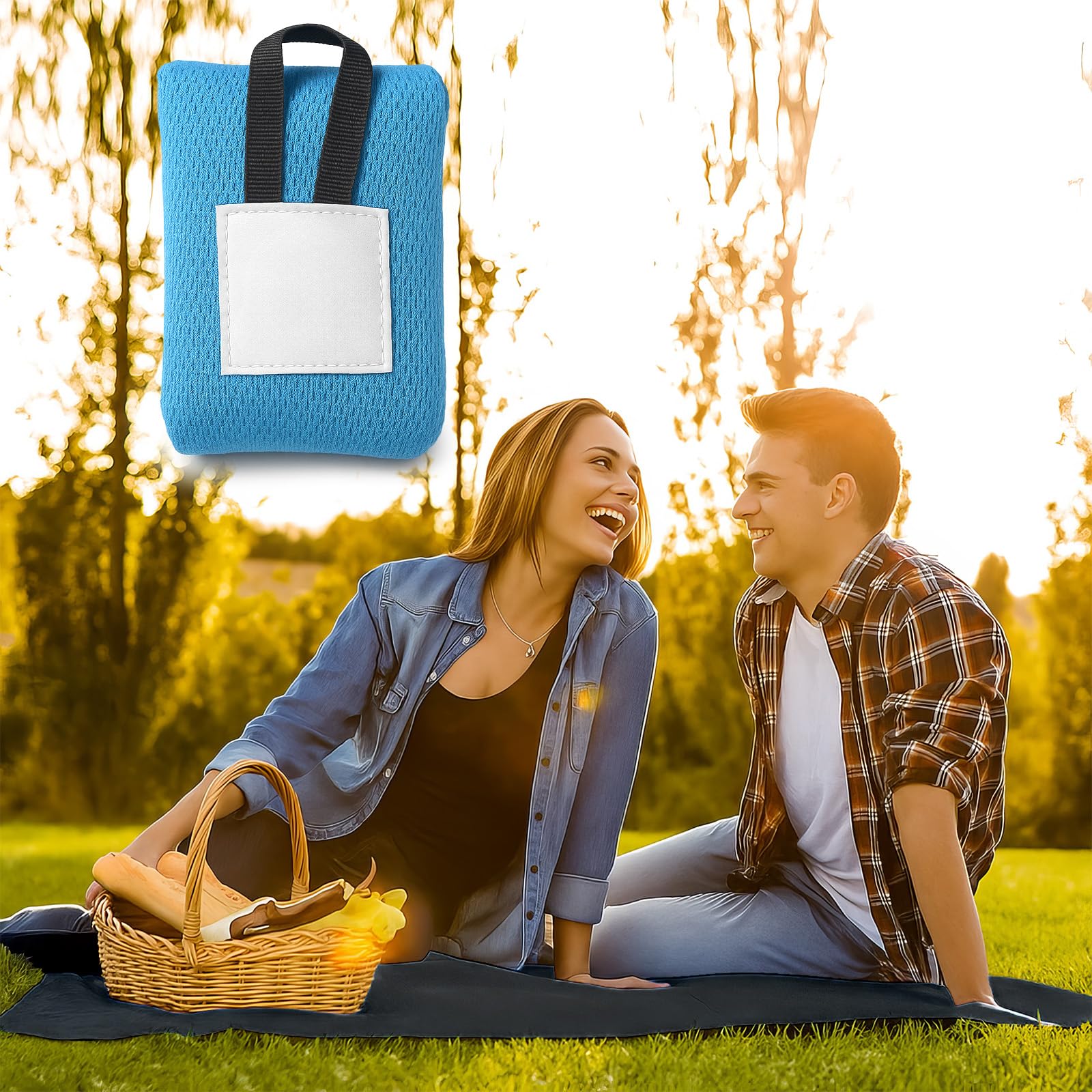 Telo da Picnic Impermeabile Ultra Sottile 40g Coperta Tascabile Blu 110x70 cm Antisabbia Antivento