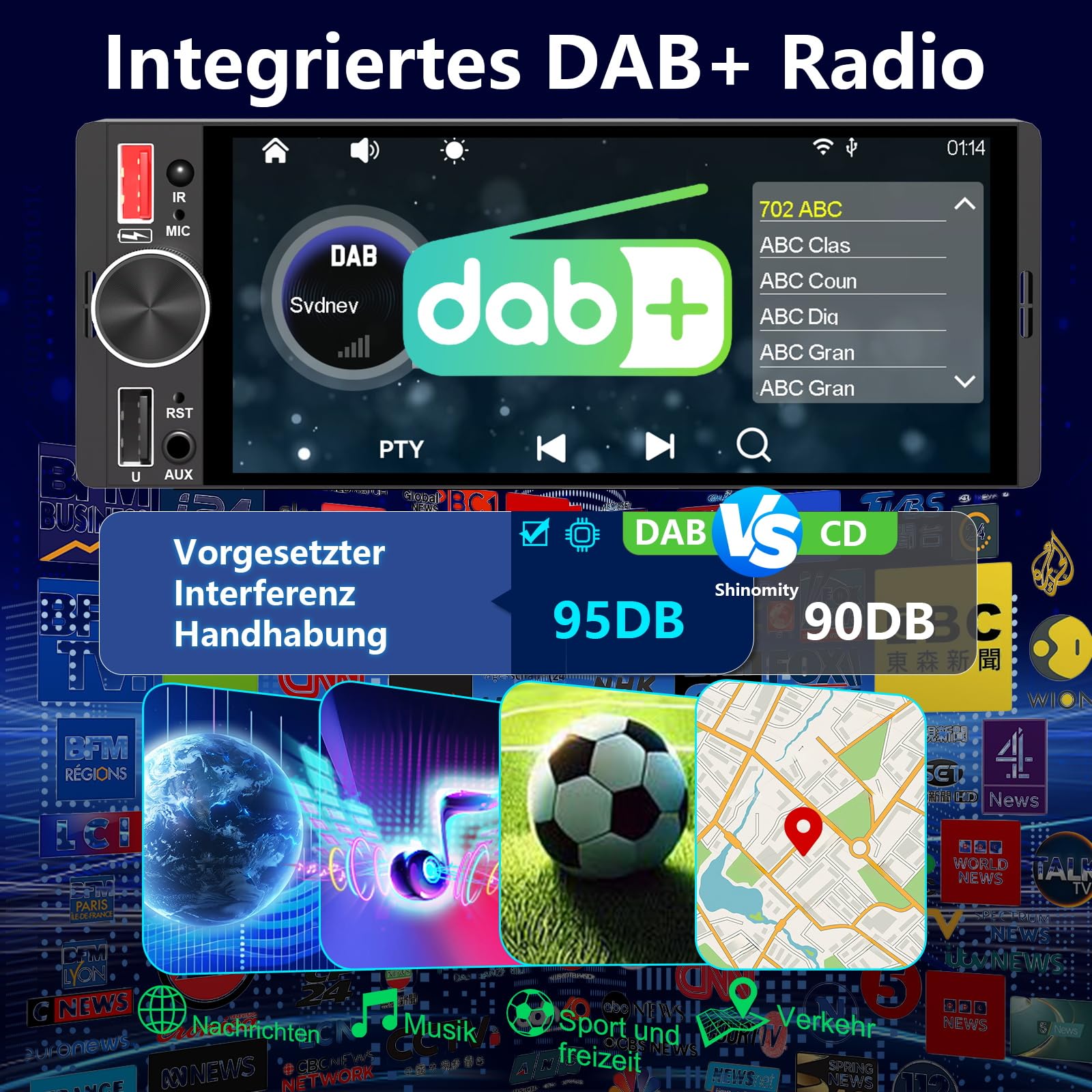 6,36 Zoll 1 Din Autoradio mit Drahtlosem CarPlay & Android Auto, Bluetooth, Full-Touch-Display FM, DAB+, Rückfahrkamera und Mikrofonunterstützung