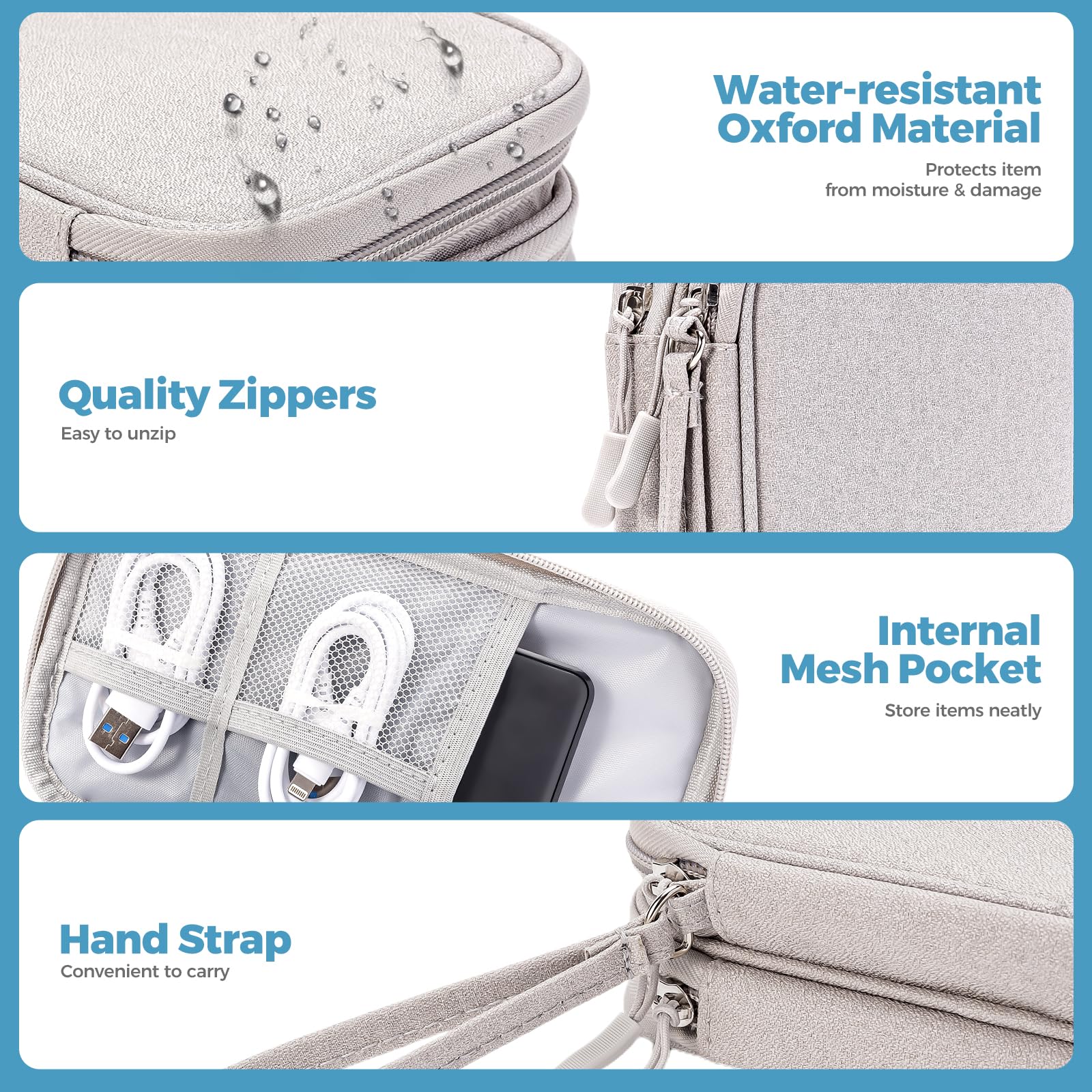 ProCase Porta Cavi da Viaggio a 3 Strati Viaggio Accessori Utili, Borse Organizer per Cavi Tech Pouch Custodia Portatile per Cavi, Caricabatterie, Power Bank, Adattatori -Grigio/S