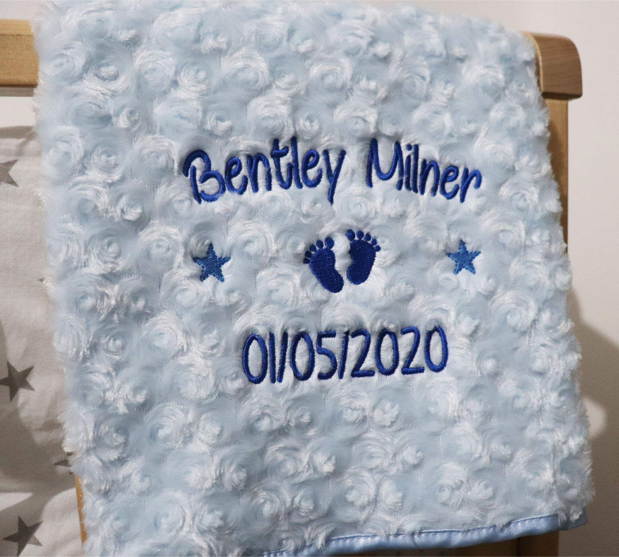 Personalised Baby Blanket Luxury Rosebud Style Blue Round Font Name Date Print