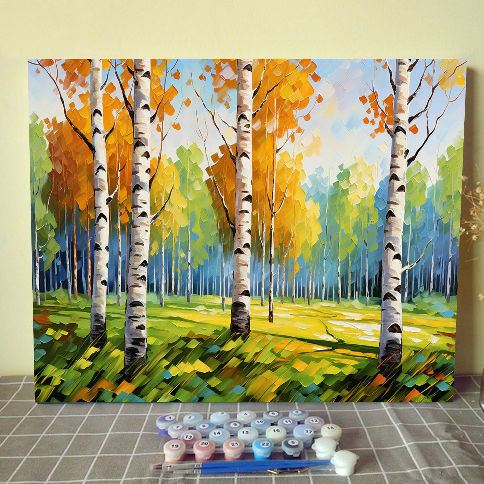 Tucocoo White Birch Paint by Numbers Kits with Brushes and Acrylic Pigment on Canvas Painting for Adults, Light Green Style Landscape Pictures for Home Wall Decor Gifts 16''x20'' (DIY Framed)