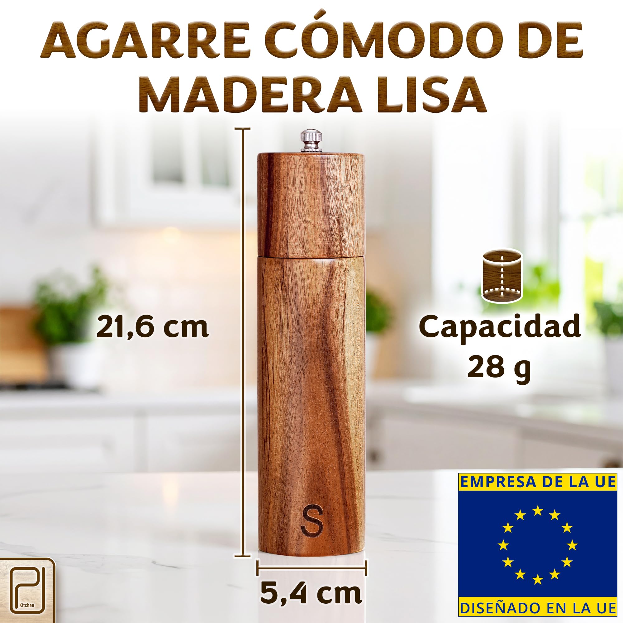 Juego de molinillos de sal y pimienta prémium - 28 g, molinillos de madera maciza deacacia - Molinillos manuales de sal gruesa y pimienta recargables - Moderno/rústico