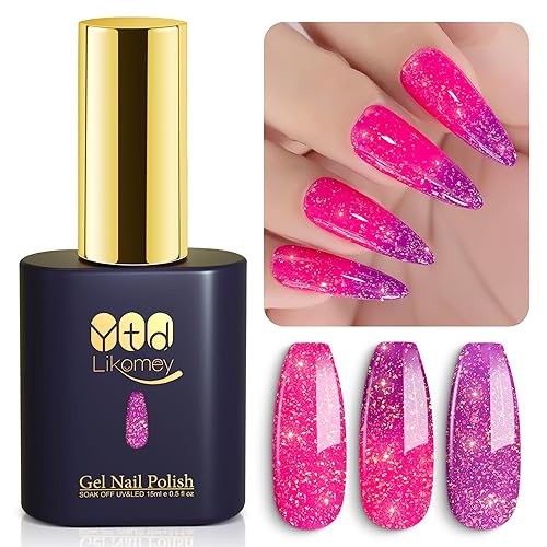 YTD Likomey Brocade Glitter - Esmalte de uñas de gel que cambia de color, 0.5 onzas líquidas, color rosa intenso a violeta, brillo brillante, cambio