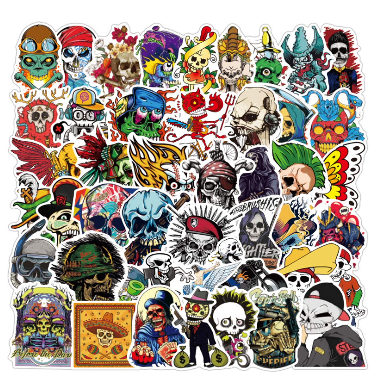 100pcs Skull Stickers Cool Skeleton Stickers Decals for Cars Vinyl Motorcycle Helmet Skateboard Stickers for Adults Teens Kids Skate Water Bottles Waterproof Graffiti Sticker Bomb Pack