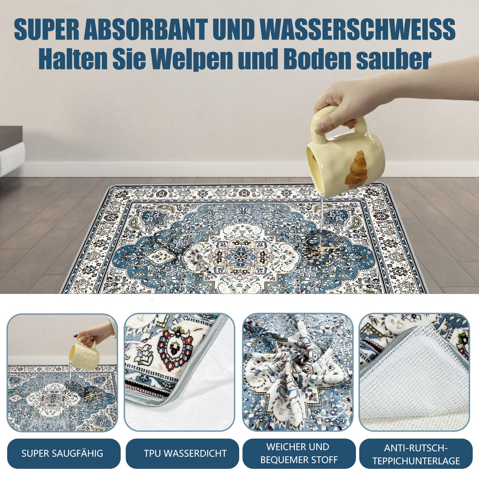 Waschbare Hunde-Trainingspads 2er Set (91×107 cm) – Wiederverwendbare, Super Saugfähige & Auslaufsichere Welpen-Pads mit Rutschfester Unterlage, Boho Design (Blau-1)