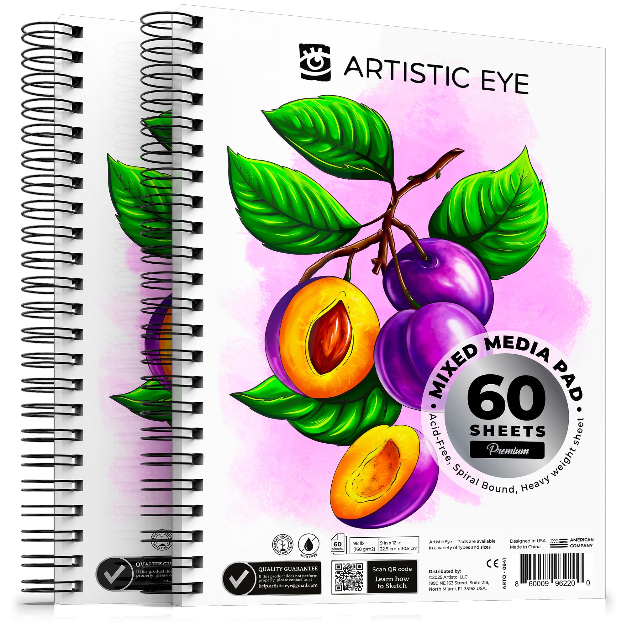 ARTISTIC EYE 9x12 Premium Mixed Media Sketchbooks: Pack of 2 (120 Sheets), 160 GSM, Spiral Bound Sketch Pads, Suitable for a Variety of Wet and Dry Media, Ideal for All Artists