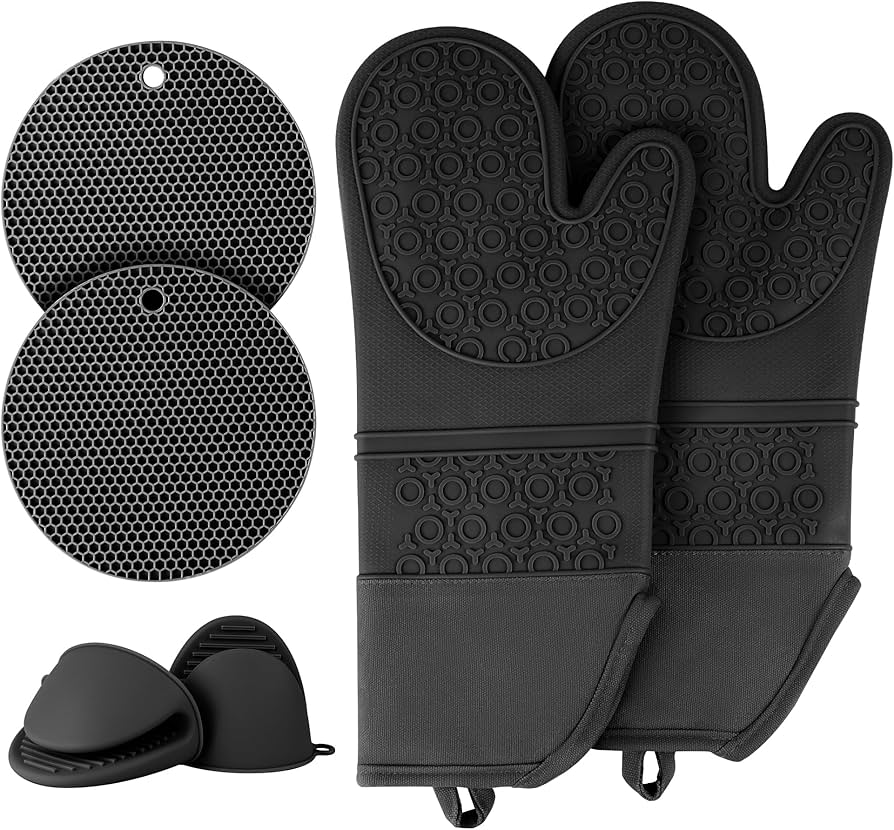 Silicone Oven Mitts and Pot Holders Set, 6Pcs Extra Long Oven Gloves with Non-Slip Hot Pads Potholders and Pinch Mitts, Pot Holders Set for Kitchen Baking Cooking (Black)
