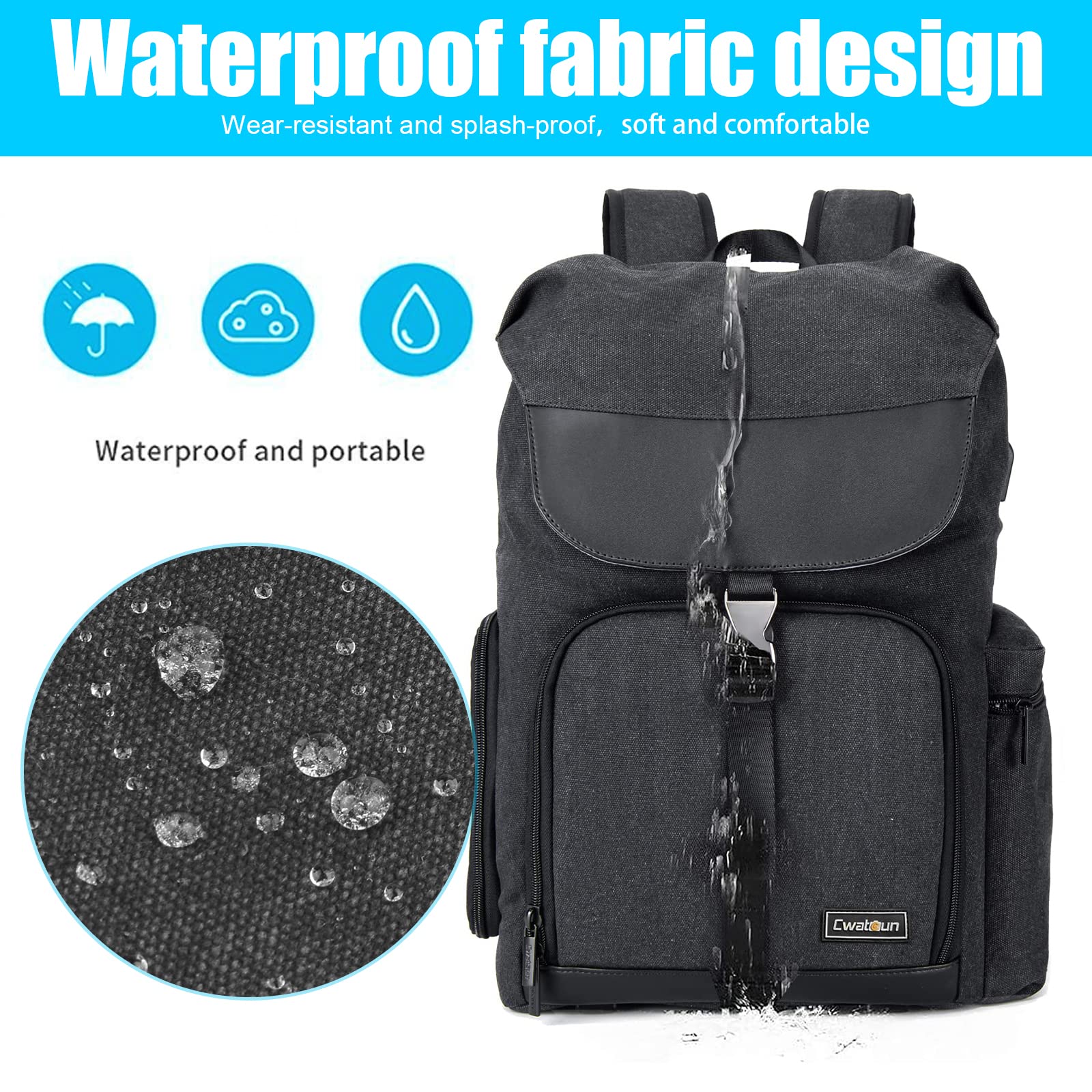 Cwatcun Cámara Mochila Bolsa de la cámara de lona Foto impermeable Mochila Profesional para SLR DSLR cámara sin espejo Canon Nikon Sony, Negro | Mochila para cámara DSLR/SLR y portátil, fácil de limpiar, compatible con Sony Nikon Canon EOS R50. Negro. M8