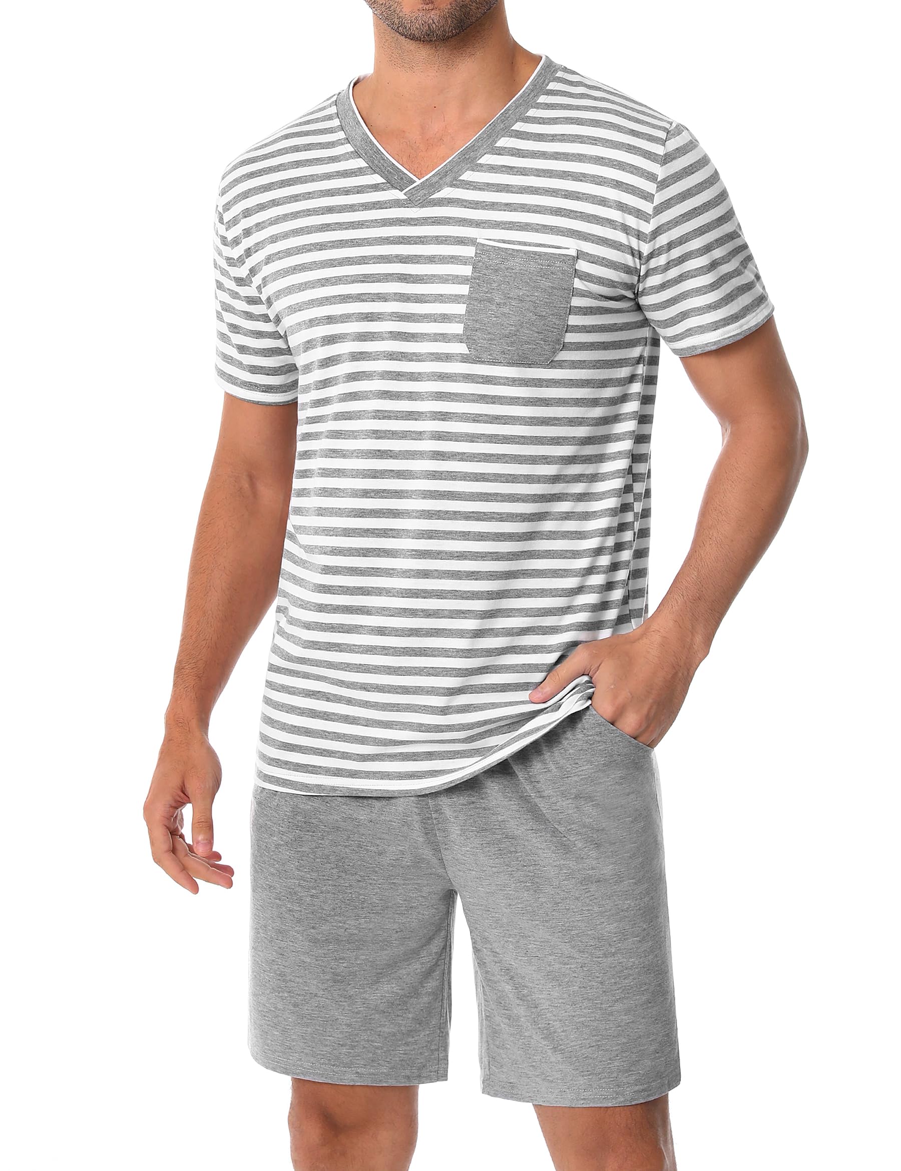 Verano Conjunto de Pijama Hombre Ropa de Dormir de Algodón Camisetas de Pijama a Rayas de Manga Corta y Pantalones Cortos para Dormir con Bolsillos