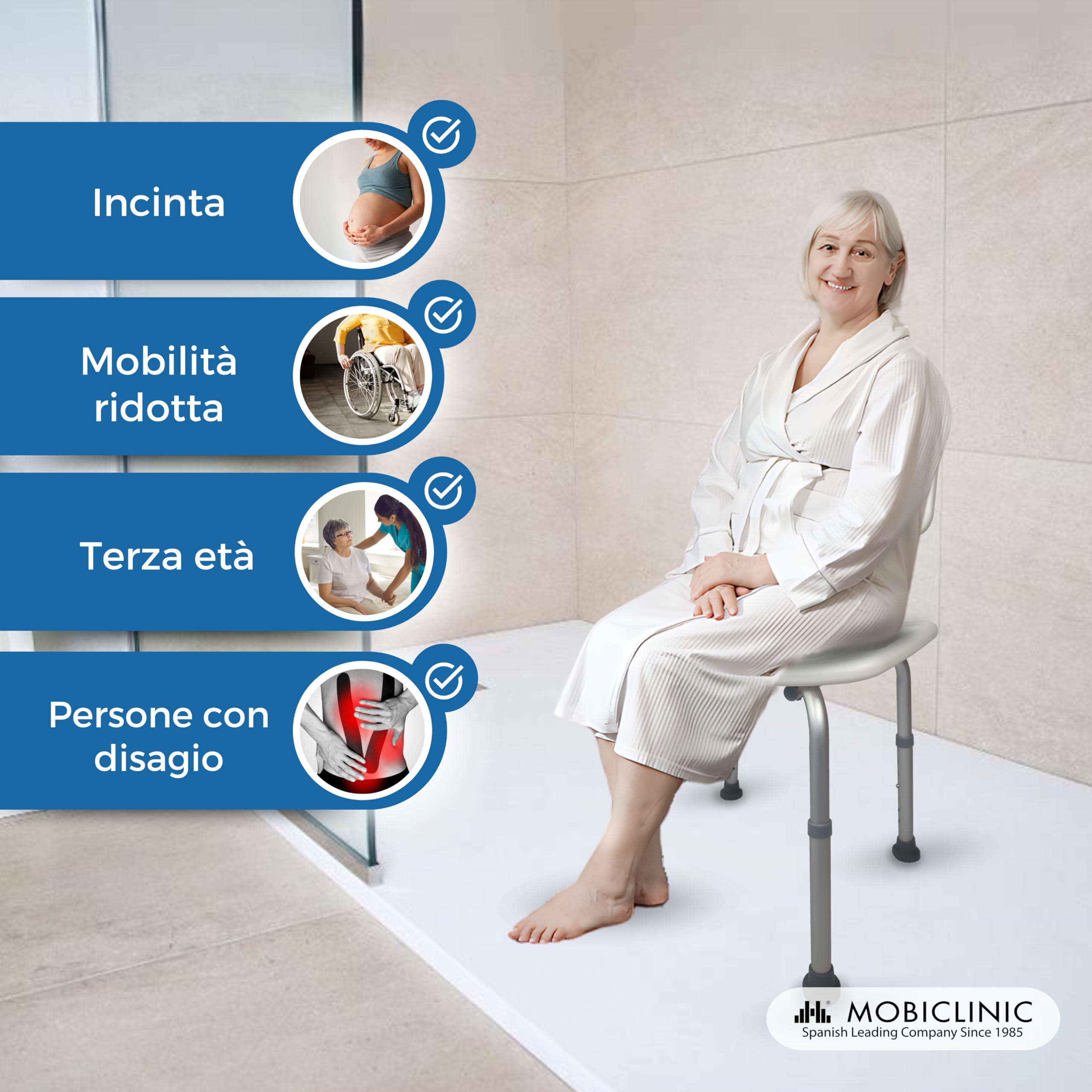 Mobiclinic, Sedia per doccia, Marisma, Marchio europeo, Con schienale, Marcatura CE, Ausili per disabili e/o anziani, Pieghevole e regolabile, Piedini antiscivolo, Alluminio