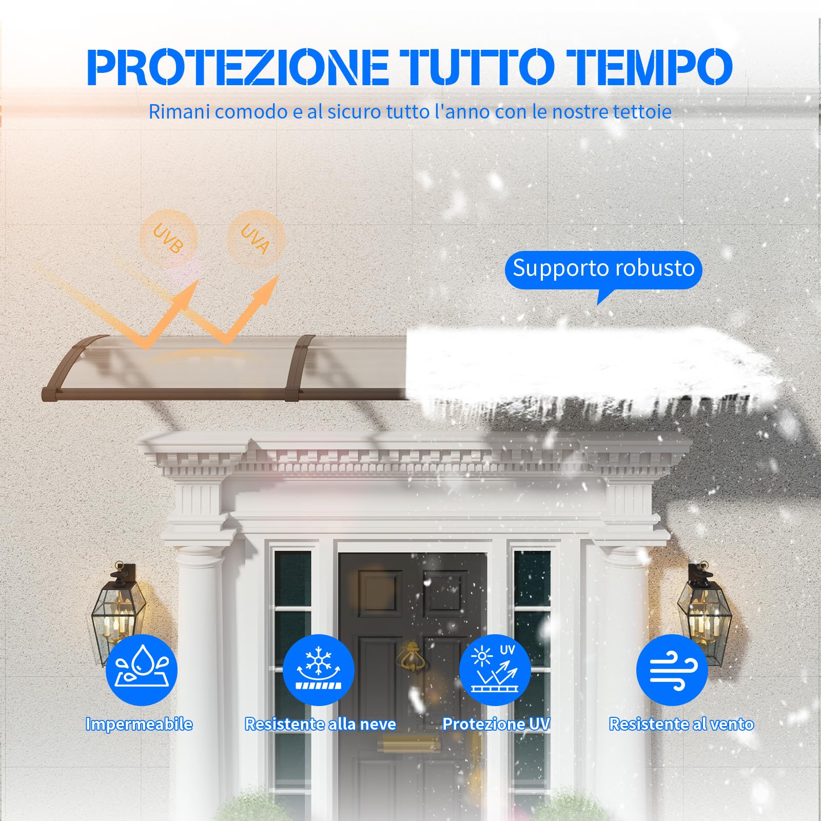 Pensilina da Esterno 150x80 cm in Policarbonato con Grondaia Integrata,Baldacchino Tettoia per Porta,Finestra e Veranda,con Protezione UV,Antipioggia e Antineve