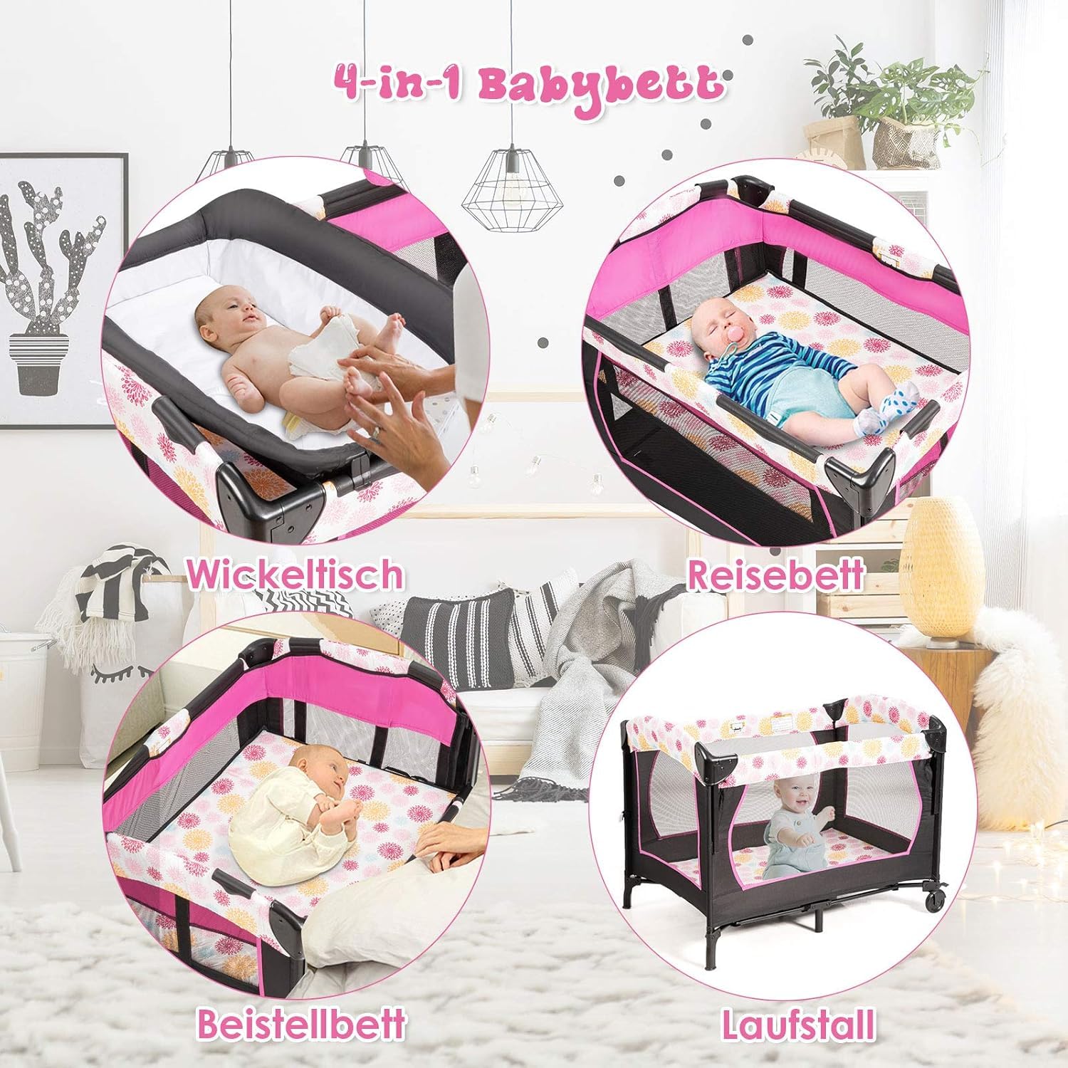 FANTASK Lettino da viaggio pieghevole 4 in 1 fino a 15 kg, culla mobile, lettino e fasciatoio e box a 2 livelli, regolabile in altezza con custodia, materasso e carillon