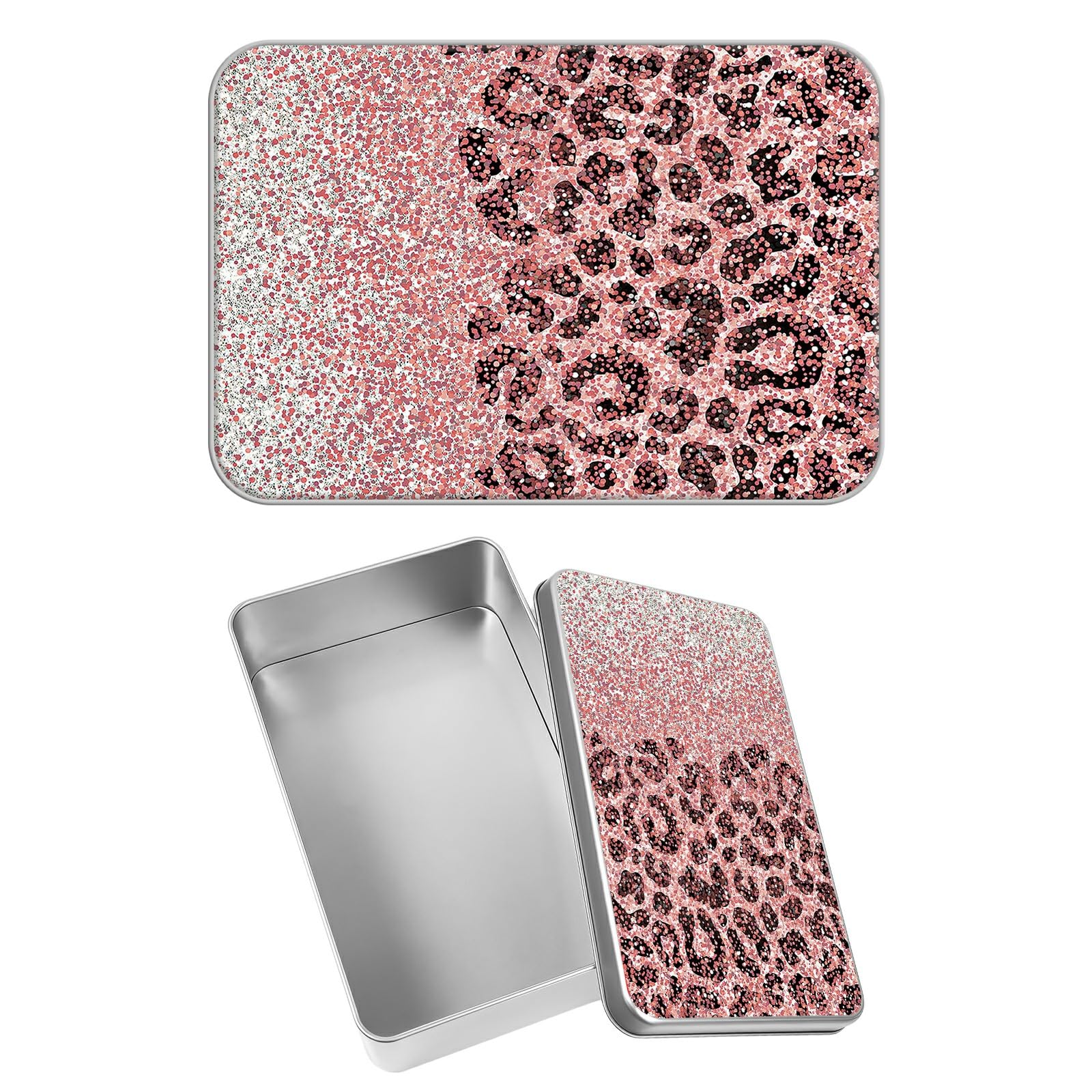 Rectangular Metal Tin Box with Removable Lid, Pink Leopard Glitter Decorative Printed Metal Storage Container for Sweets Jewelry Tea Candies Cakes 7 x 4.33 x 2.17 inch– Single Pack