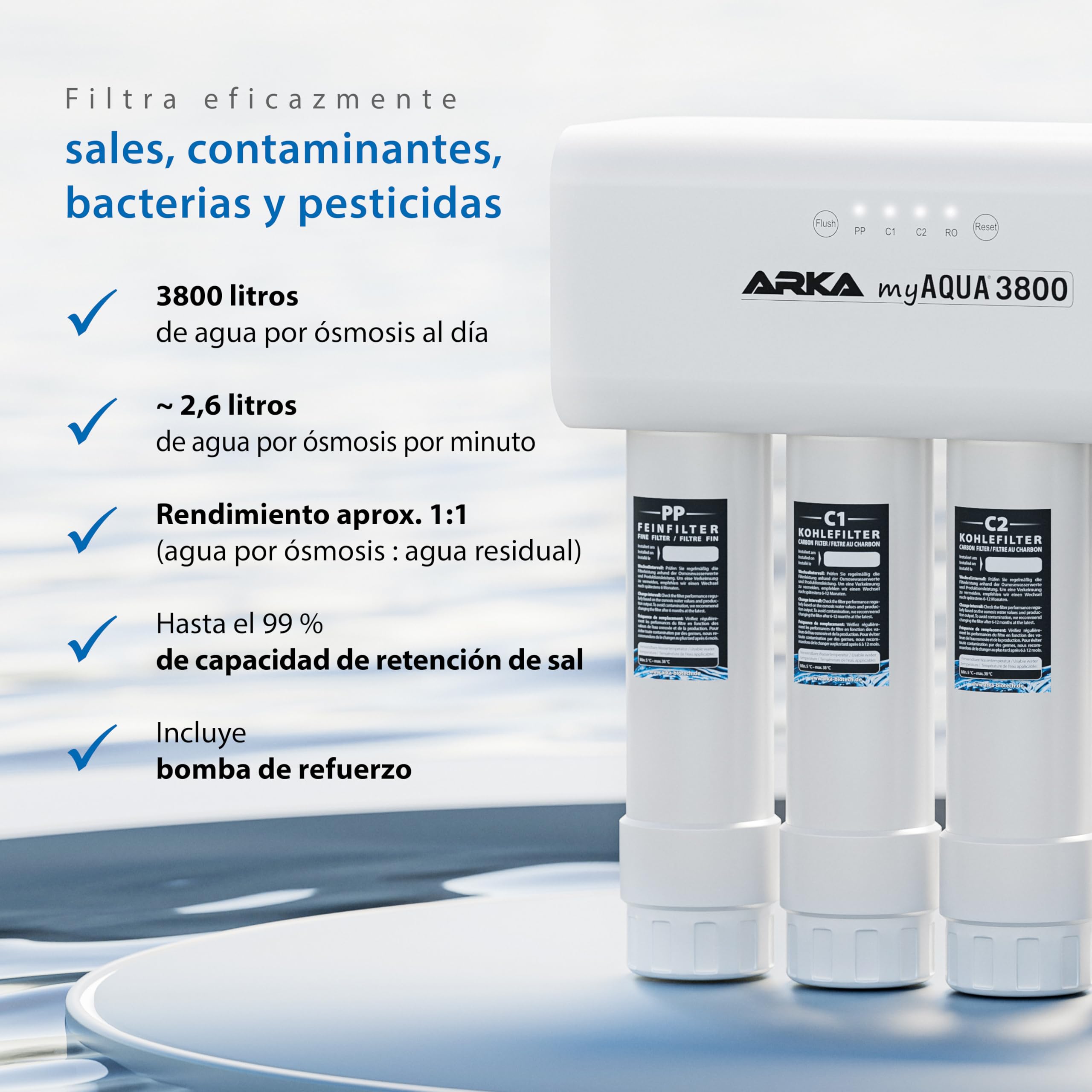 Sistema de ósmosis inversa 3800 l/día – ARKA myAQUA 3800 – elimina 99 % impurezas, sales y bacterias – filtro de agua para hogar & acuario – set completo con indicador LED inteligente