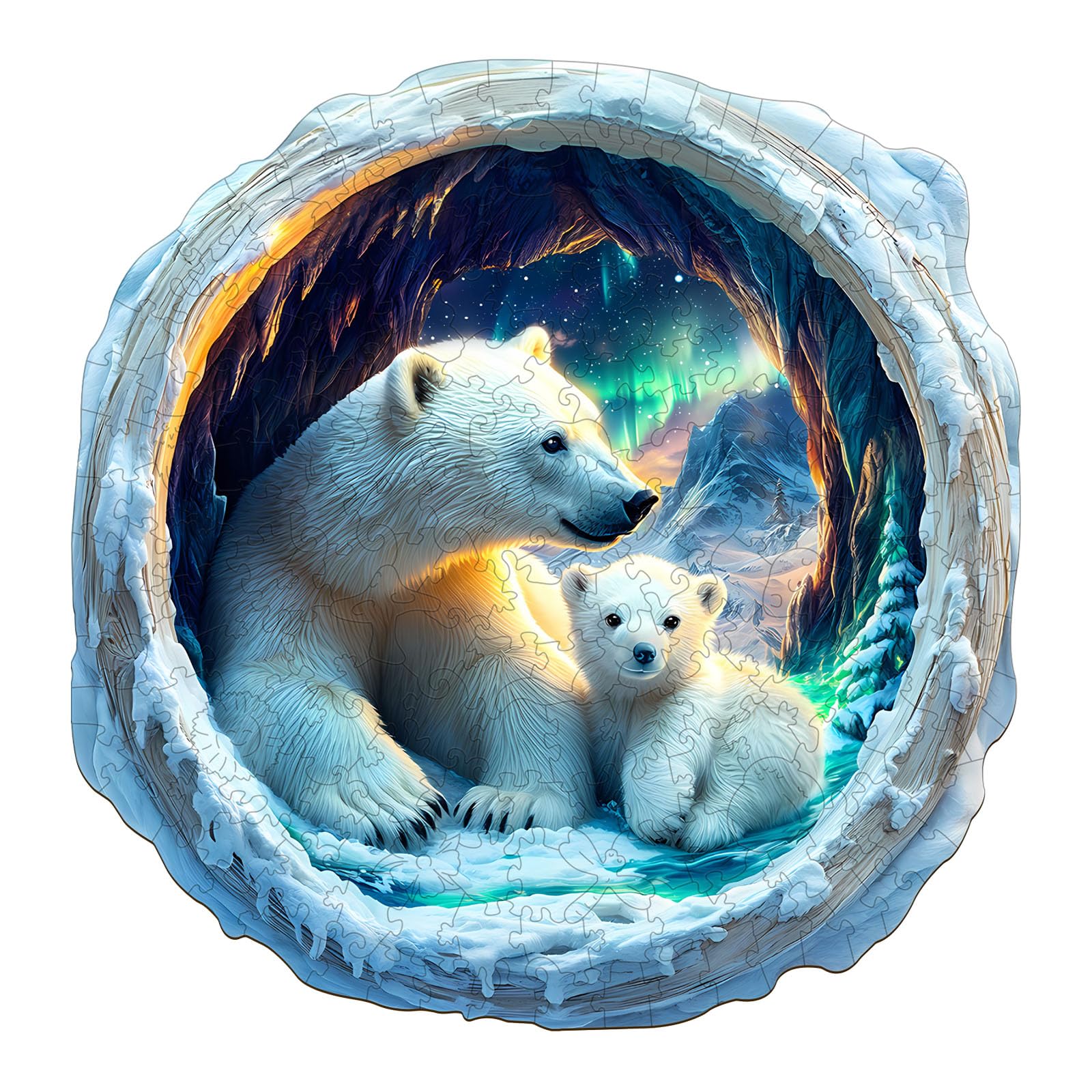 KAAYEE Wooden Puzzles for Adults, 3D Vision Effect Warm Aurora Cave Bear Wooden Jigsaw Puzzle Unique Shape Wood Puzzle Adult, 3D Effect Flat Puzzle