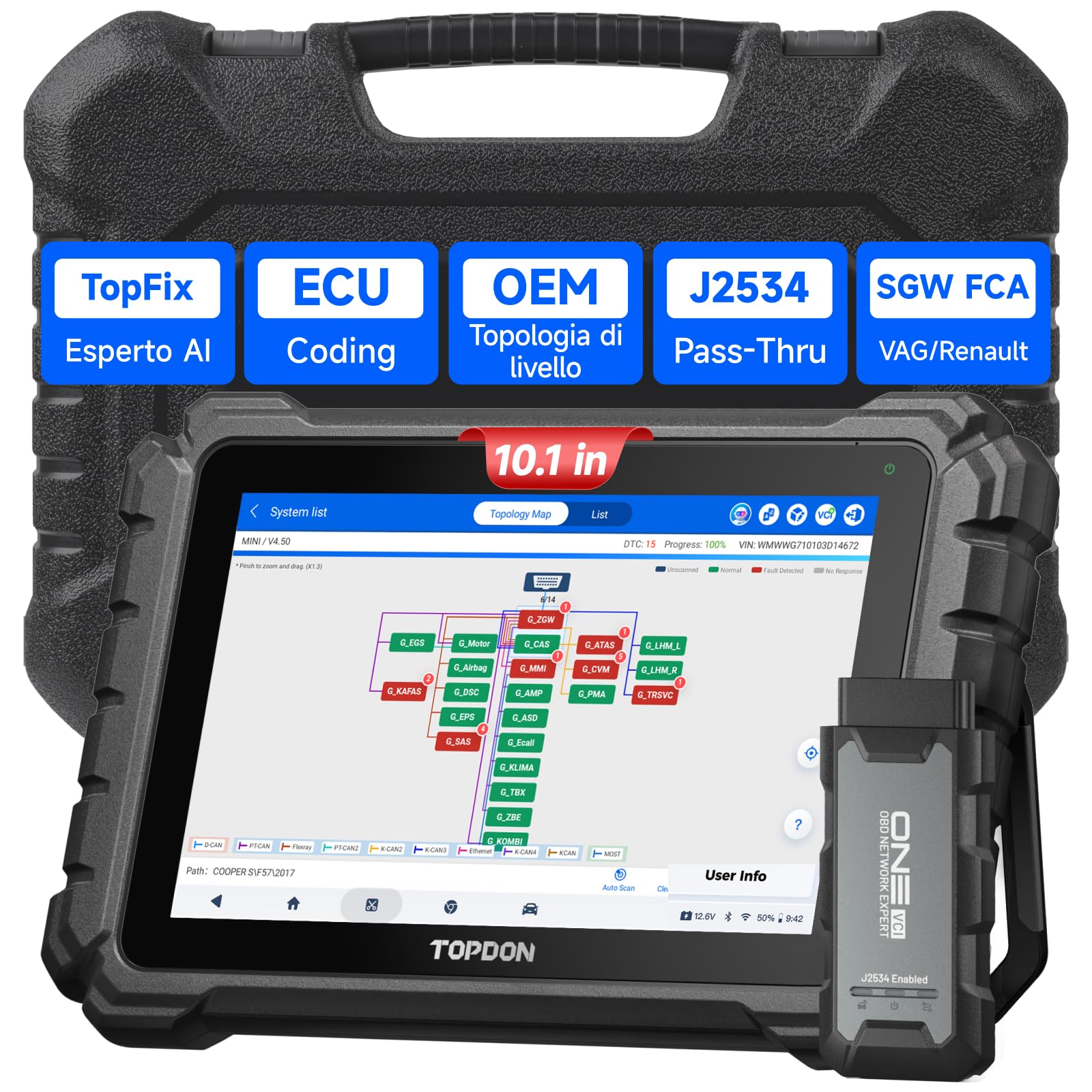 TOPDON ONE OBD2 Auto Diagnostica, Codifica ECU & Controllo bidirezionale, Mappatura topologia OE, J2534 Pass-Thru, 50+ Servizi, CAN-FD & DoIP, Accesso FCA/Renault/VAG SFD SGW, TopFix IA, 10,1 Pollici