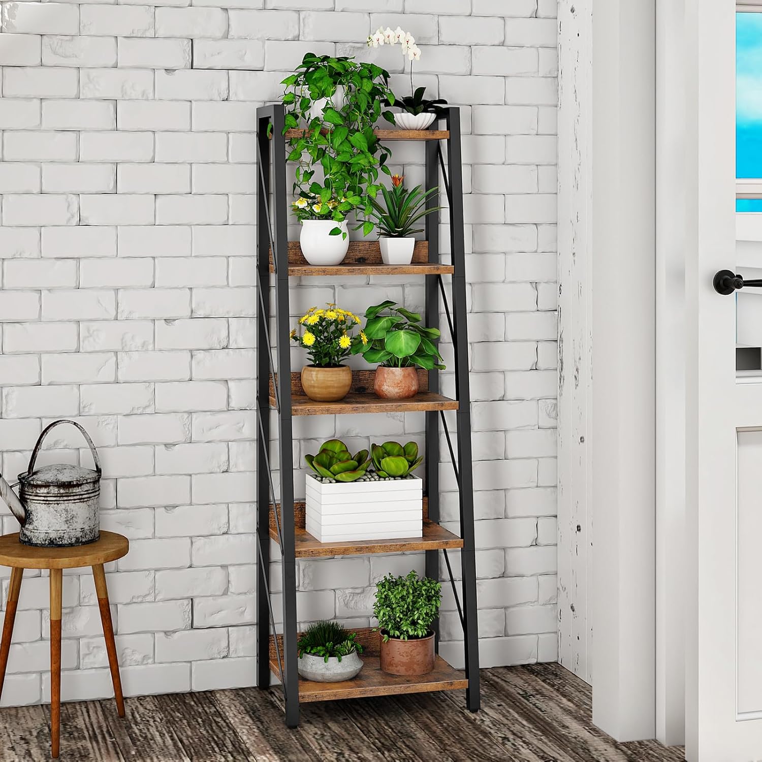 HOOBRO Ladder Shelf, 5-Tier Bookshelf, Corner Bookcase, Freestanding Storage Shelf Display Organizer, for Living Room, Bedroom, Home Office, Kitchen, Rustic Brown and Black BF305CJ01
