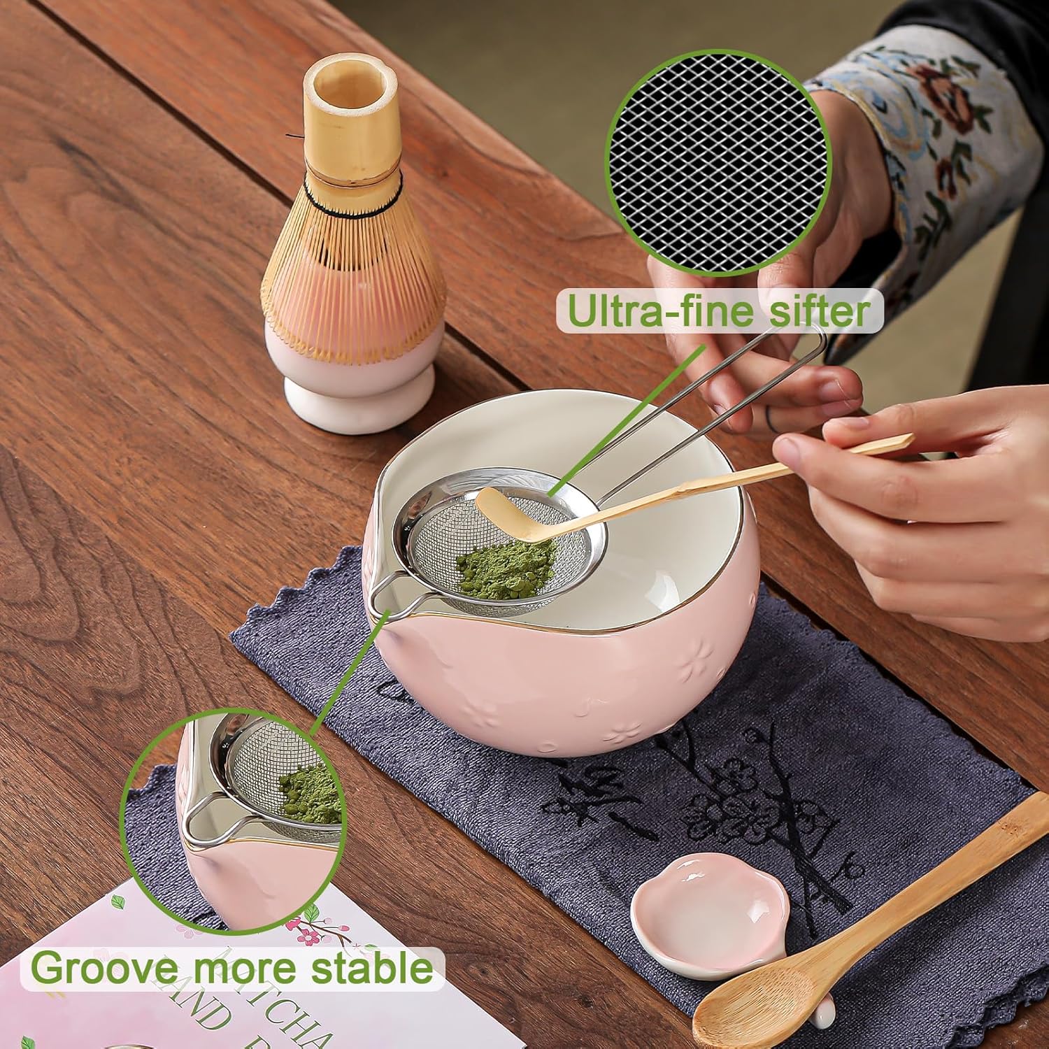 Clay&Fire Matcha Whisk Set, 9 pcs Ceramic Matcha Set, Gifts for Women,Matcha Bowl with Spout and Whisk, Matcha Kit for Matcha Lovers, Ideal Gift Christmas, Birthday, Anniversary (Cherry Bloom-Pink)