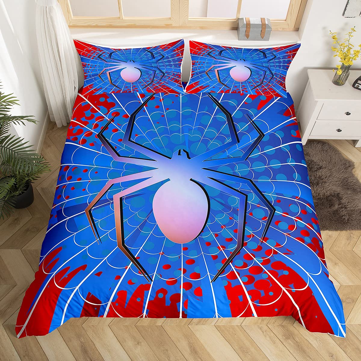 Loussiesd Juego de ropa de cama de araña para niños y niños, ropa de cama y lino azul rojo funda de edredón araña y lino Super King 3 piezas