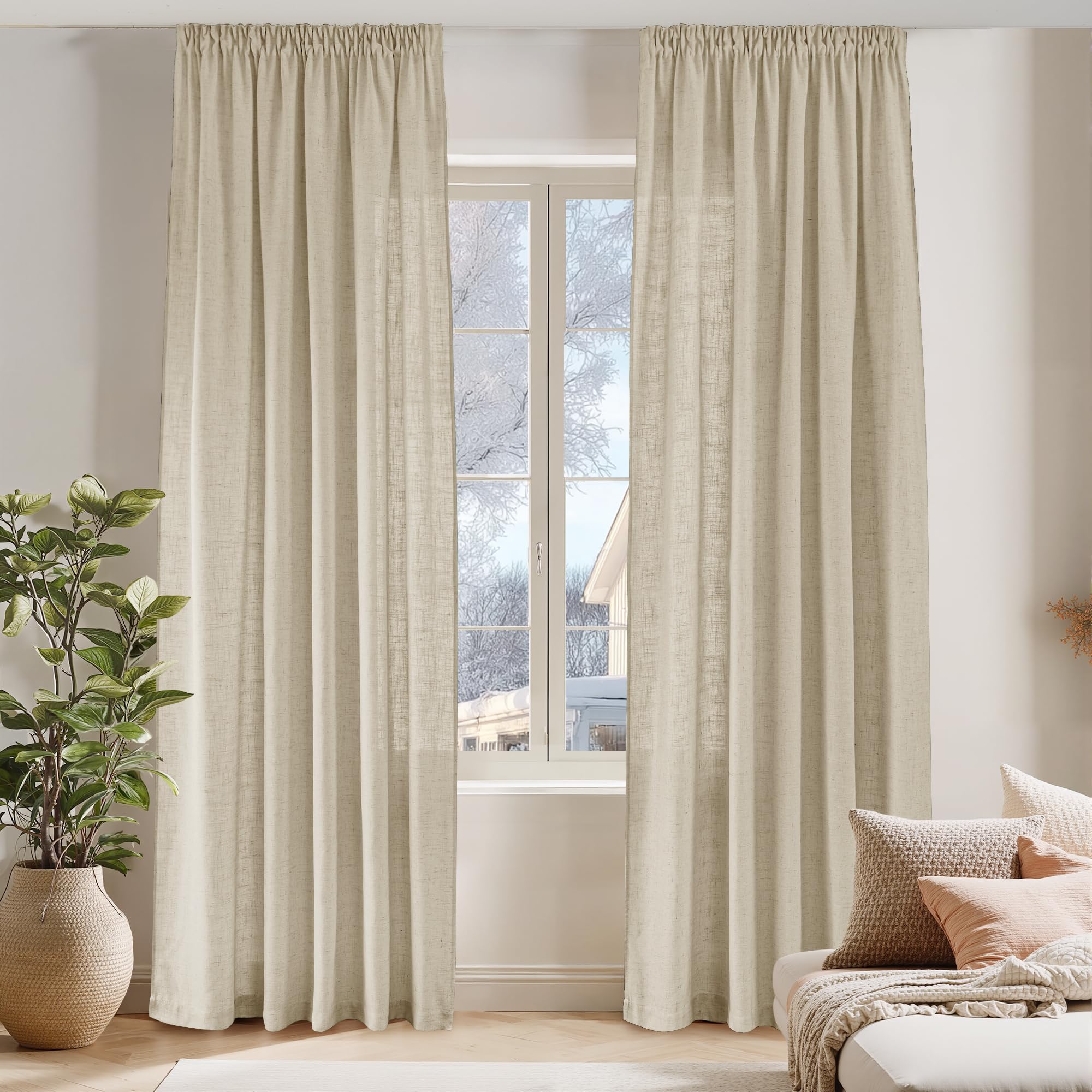 PONY DANCE Leinenvorhang Halbtransparent Boho Gardinen für Wohnzimmer | 2er Set, H245 x B140cm, Beige, 220g/m², Dicht, Schwer, Vintage, Leinenoptik, mit Kräuselband für Schiene, für Schlafzimmer