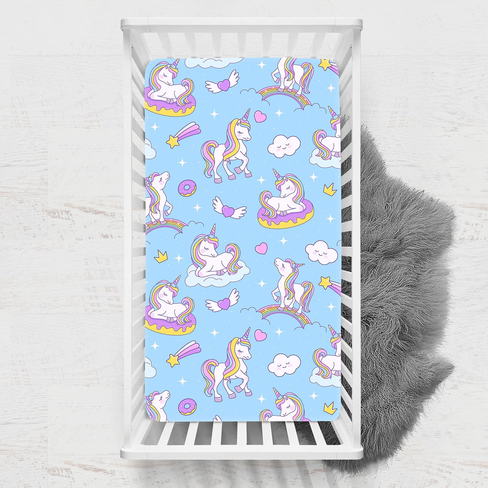 Odot Cot Bed Sheets, Unicorn Print Bedside Cribs Fitted Sheets, Baby Bed Sheets Microfiber Cot Bed Mattress Protector, Bassinet Sheets, Easy Care Soft and Dureable (45x90 cm,Blue) — image 1