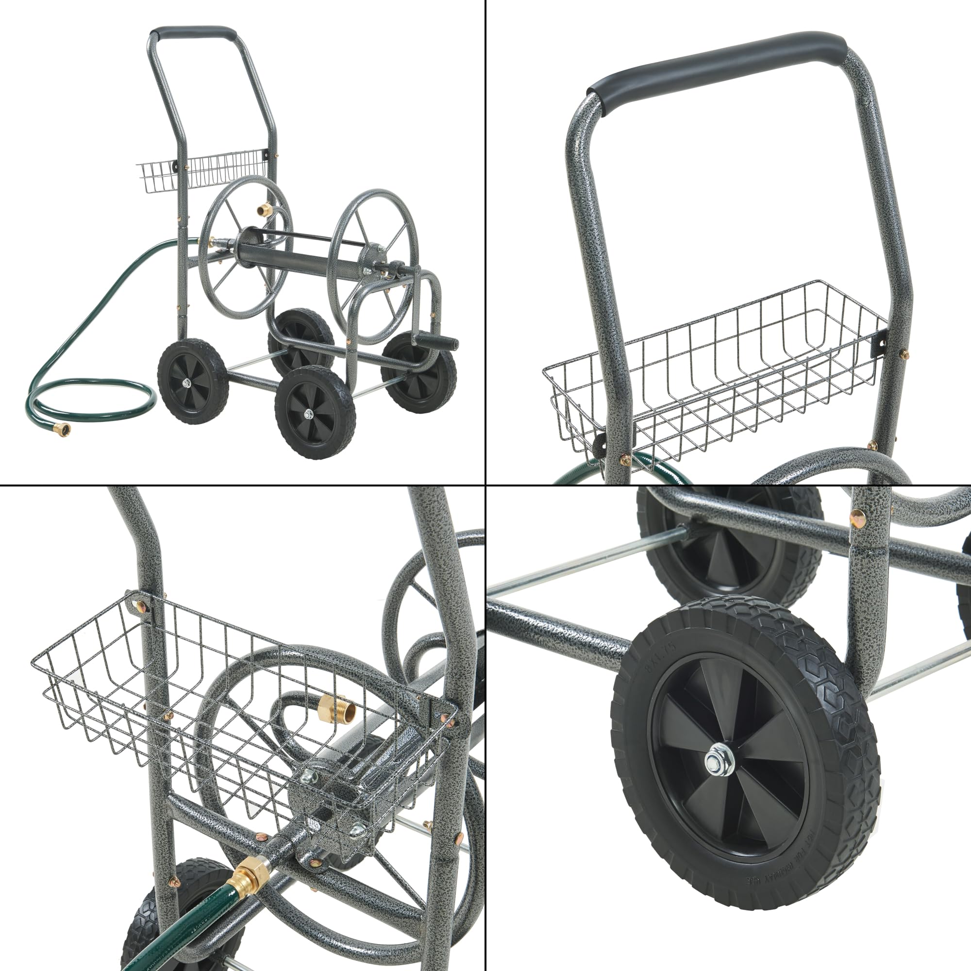 pro.tec Schlauchwagen für 3/4 Zoll Schlauch bis zu 65 m Metall Gartenschlauchwagen ohne Schlauch Schlauchtrommel mit Reifen rollbar Schlauchaufroller mit Handkurbel 84 x 48 x 93 cm Grau