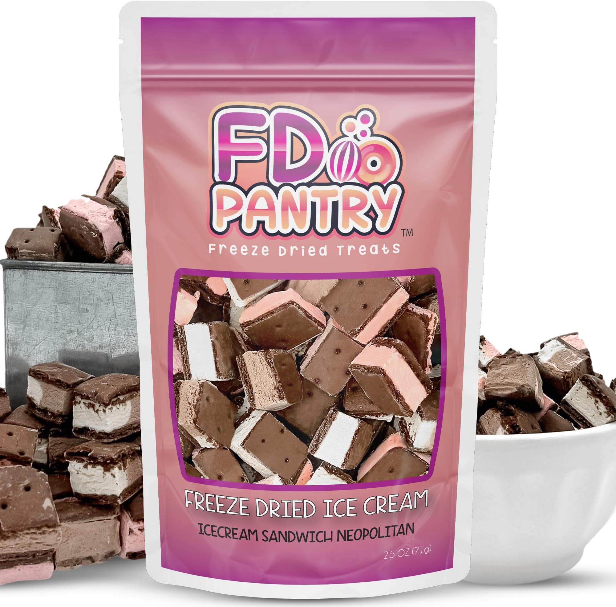 Freeze Dried Ice Cream Sandwich Bites, Neapolitan, Crunchy & Sweet Snack, 2.5 oz, Dehydrated, Resealable Gift Bag, Strawberry, Vanilla, Chocolate