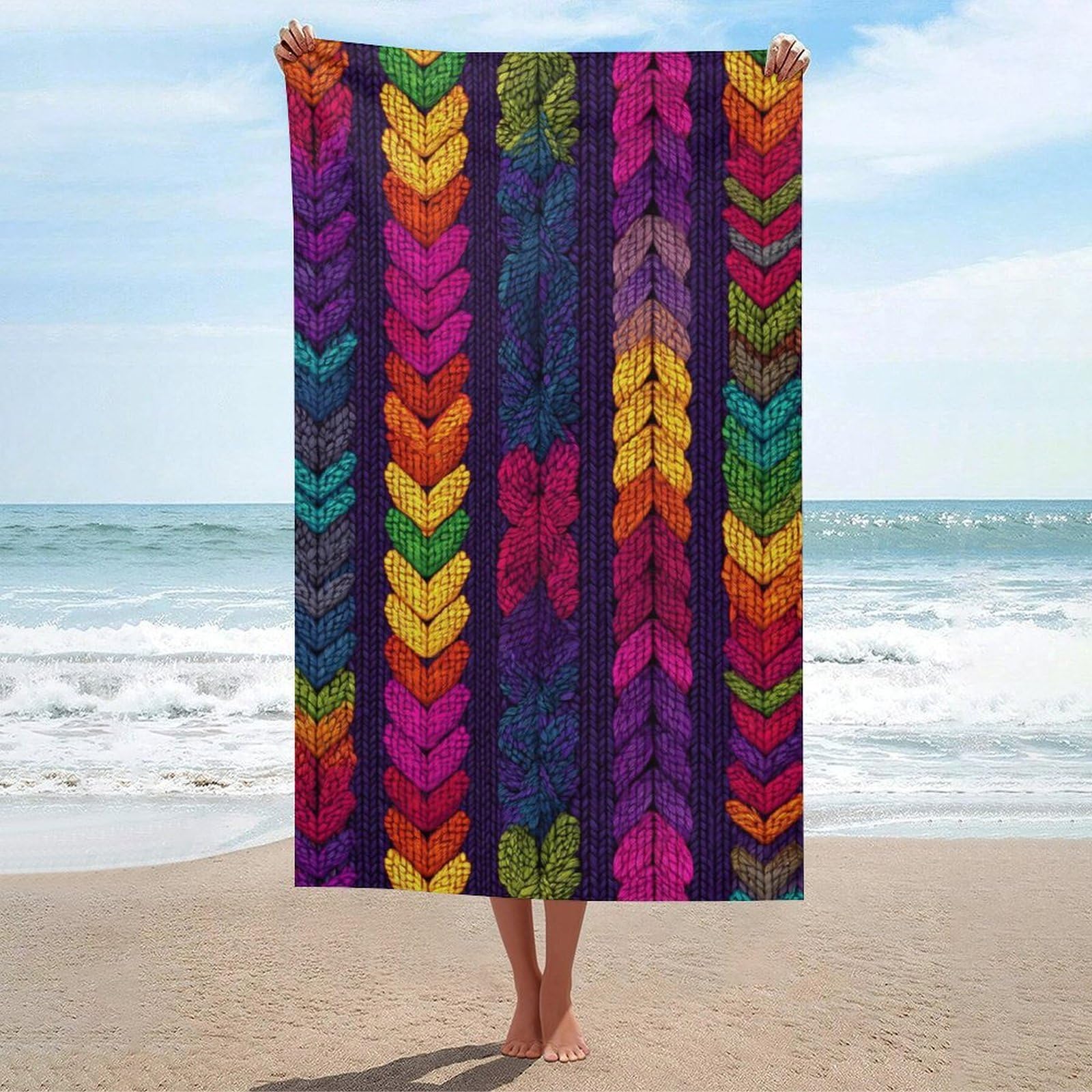 LSRCPD Colorful Knitted Fabric with Vibrant Colors Beach Towel Sand Free Microfiber Large Shower Towels Multipurpose Absorbent for Bathroom Pool 130x80 CM