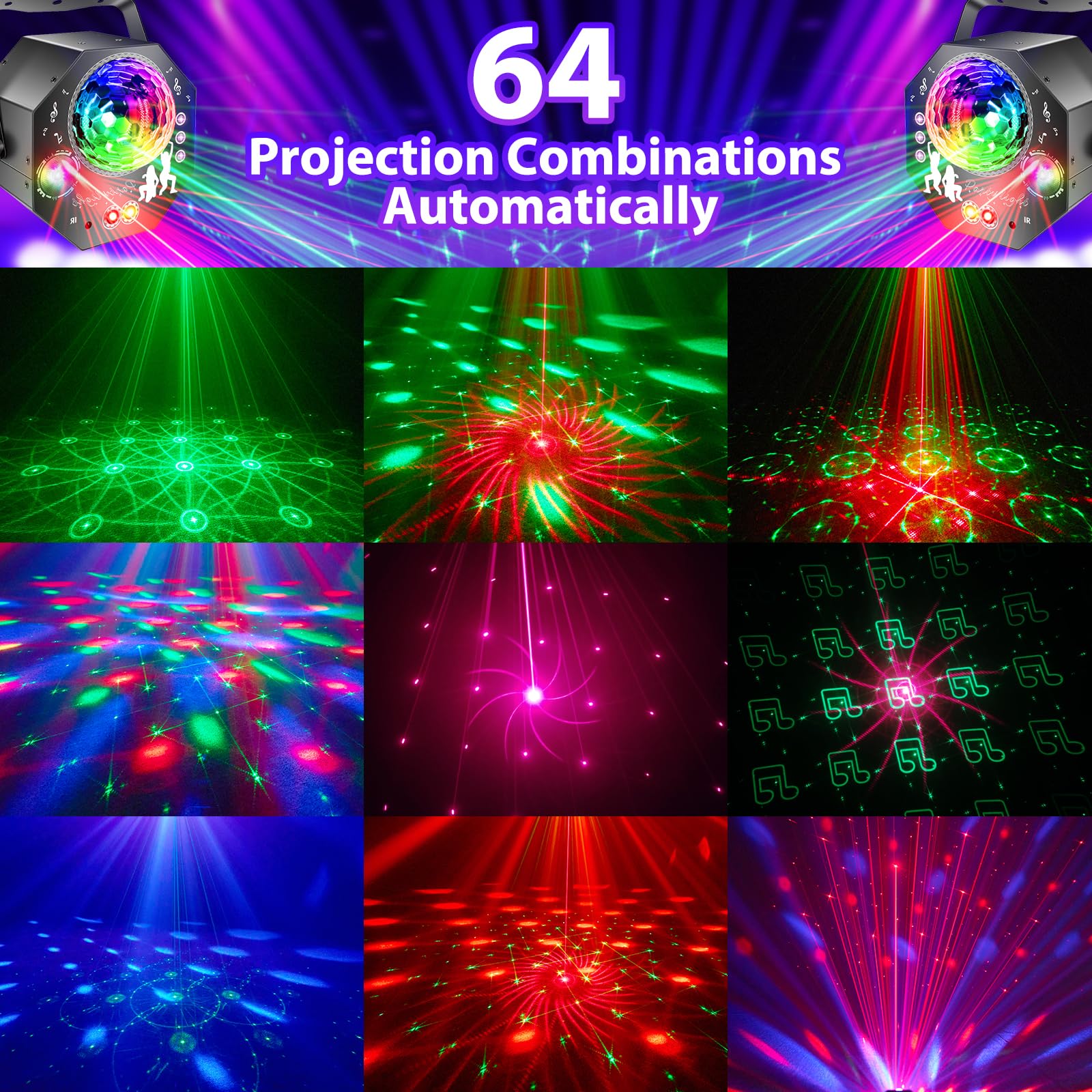 4-in-1 Discokugel mit Motor und Licht, Discolicht Partylicht 64 Muster, Musikgesteuert Disco Party Lampe mit Fernbedienung, RGB UV Stroboskop für Wohnungen Räume Bar Klub Outdoor Geburtstag Party