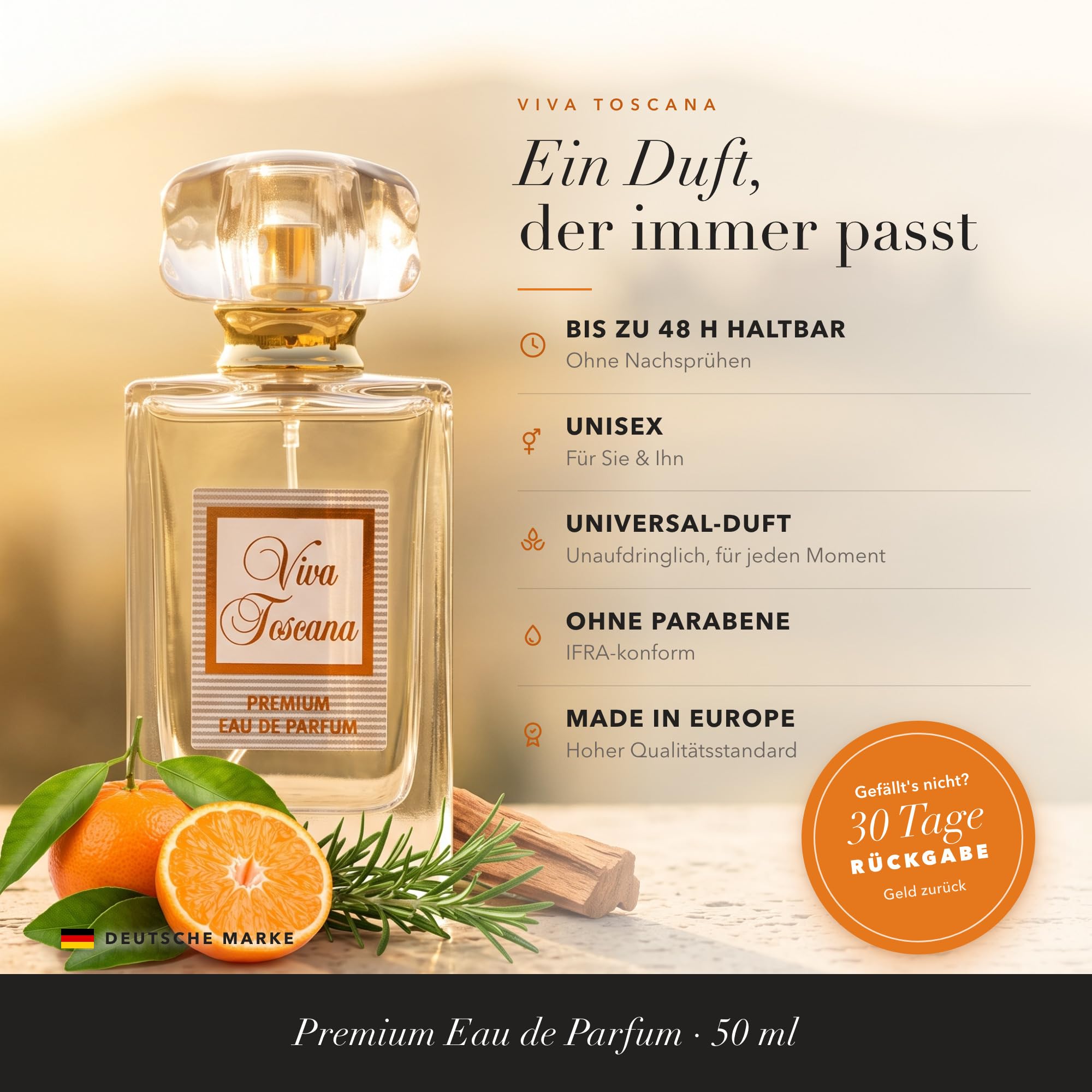 Eau de Parfum 50 ml | Unisex Damen & Herren | Zitrus, Mandarine & Moschus | Frisch, clean & 48H anhaltend | Made in Europe | Einzeln