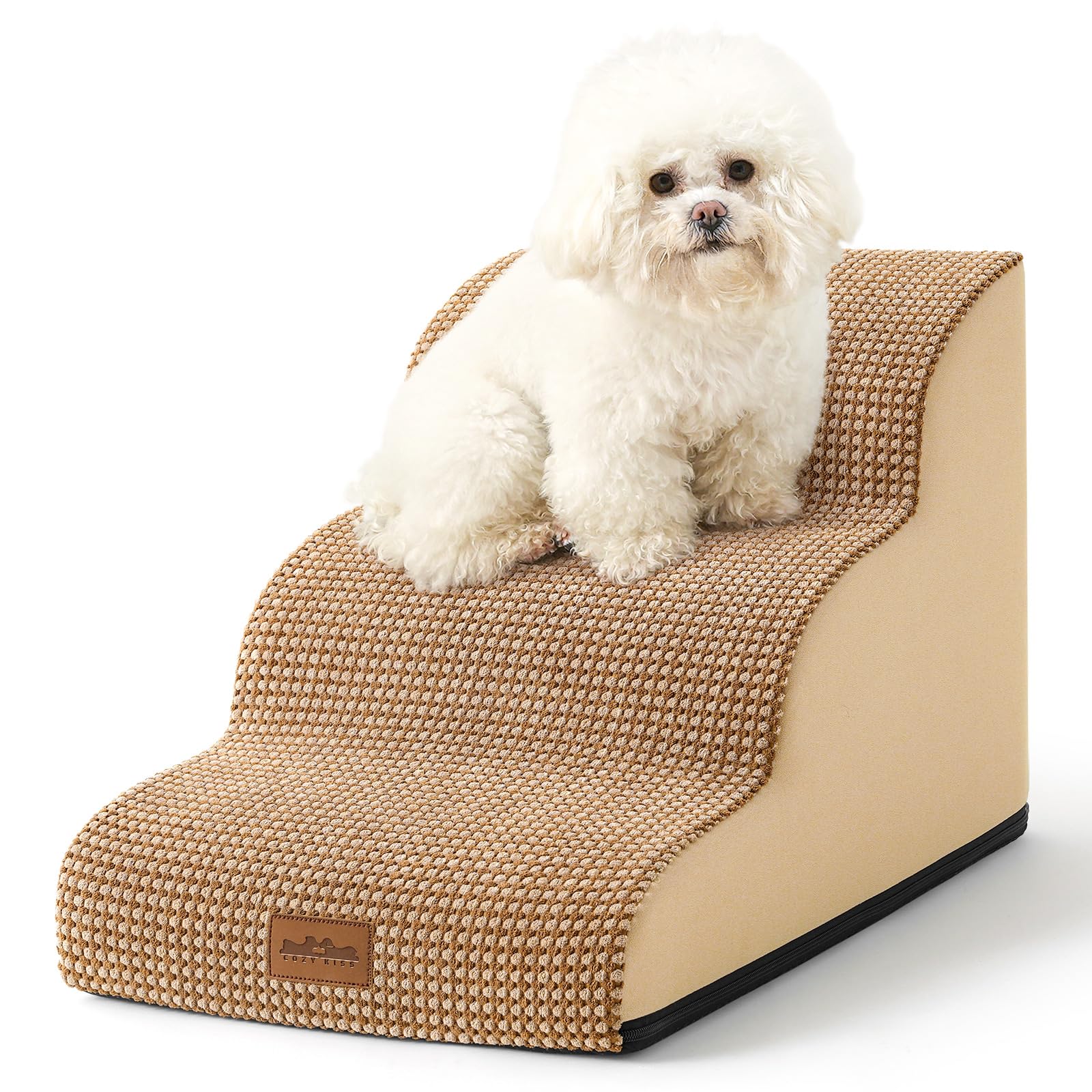 COZY KISS Scale per Cani di Piccola, Scale per Animali per Letto, Divano e Sedia, Rampa per Gatti con Rivestimento Lavabile e Fondo Antiscivolo, Leggera, 40x57x40cm, 3 Gradini, Marrone Chiaro