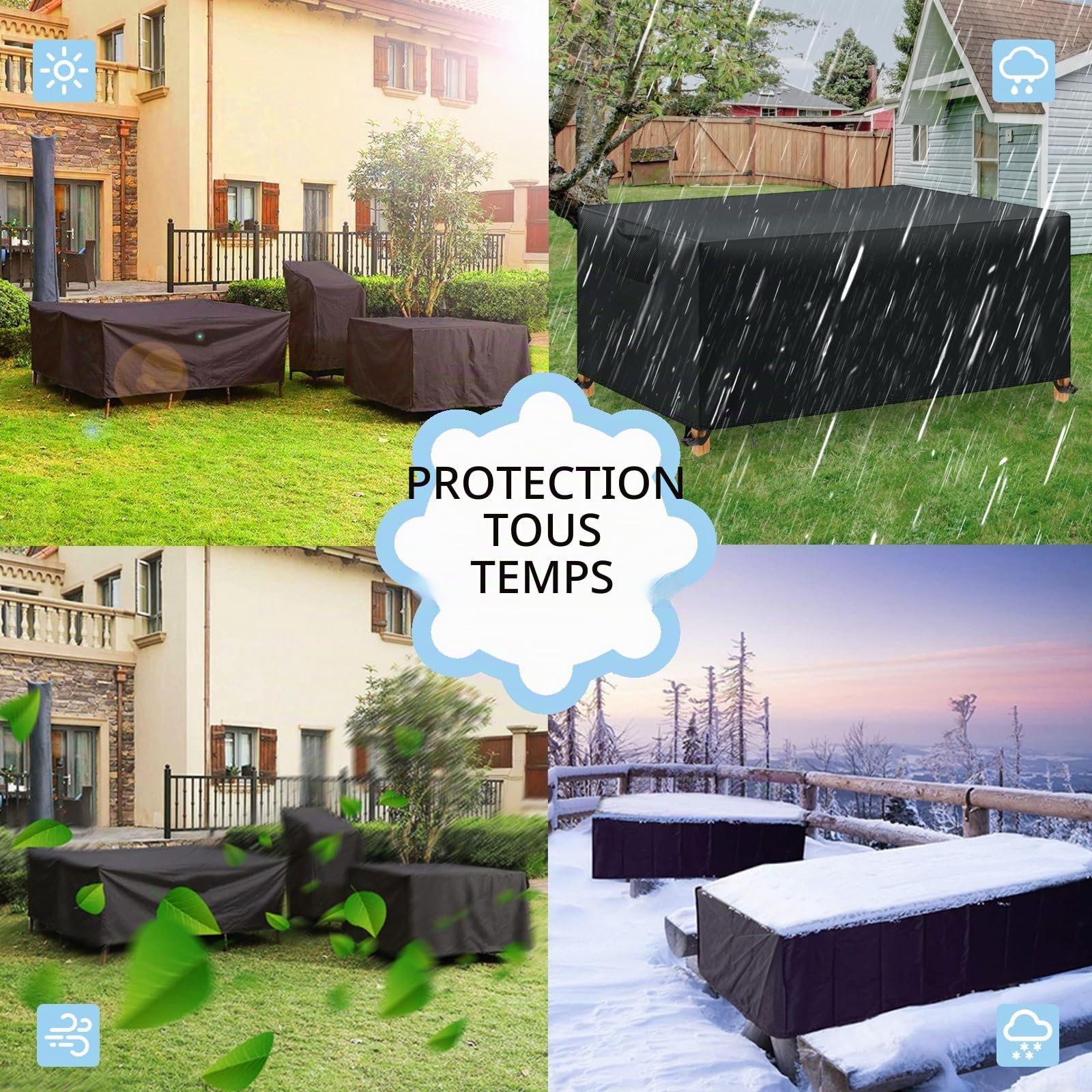 Housse Salon de Jardin, Housse Exterieur Imperméable Anti-UV 420D Tissu Oxford, Noir 300x250x100 cm