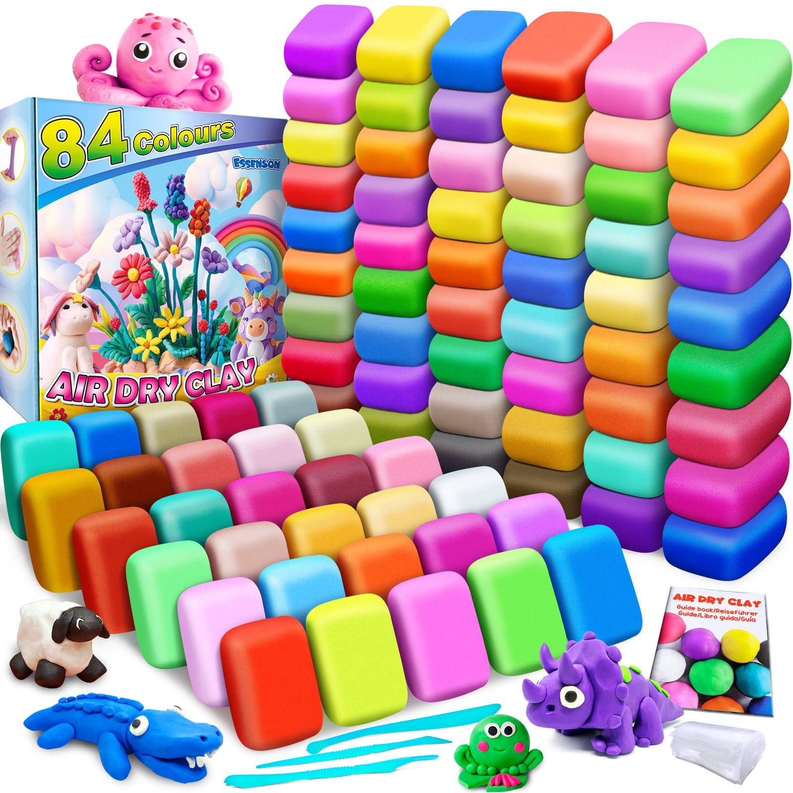 ESSENSON Magic Clay – Argilla secca all'aria, 84 colori, argilla modellabile per bambini con strumenti, giocattoli regali per età 3 4 5 6 7 8+ anni ragazzi ragazze bambini