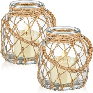 Blushtier 2 Set Nautical Lanterns Rope Handle, Coastal Glass Jar, Clear
