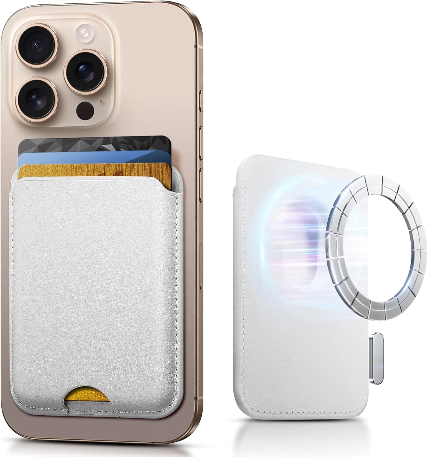 Product image of SOUNDBYTE Stronger Magnetic Wallet for iPhone 17/16/15/14/13/12 Series & for MagSafe Cases | N52 Magnet RFID Blocking Leather Magnetic Card Holder with Powerful Magnets | Holds 3 Cards | White