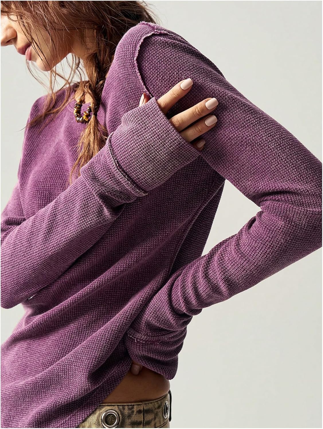 Women's Waffle Knit Long Sleeve T Shirts Crew Neck Fitted Tops Fall Clothes - Image 5