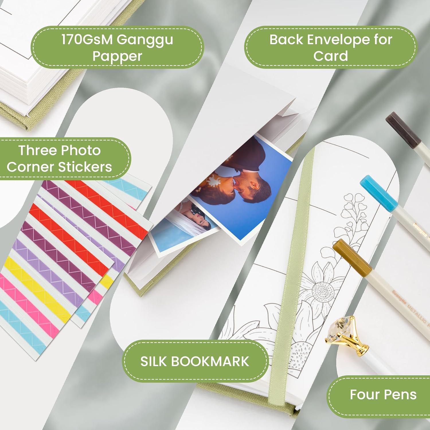 Embroidered Wedding Guest Book—The Perfect Polaroid Guest Book for Wedding Receptions, Birthdays, Baby Showers, and Special Events with 3 Photo corner stickers+ 3 DIY pens+1 Diamond Pen (green)