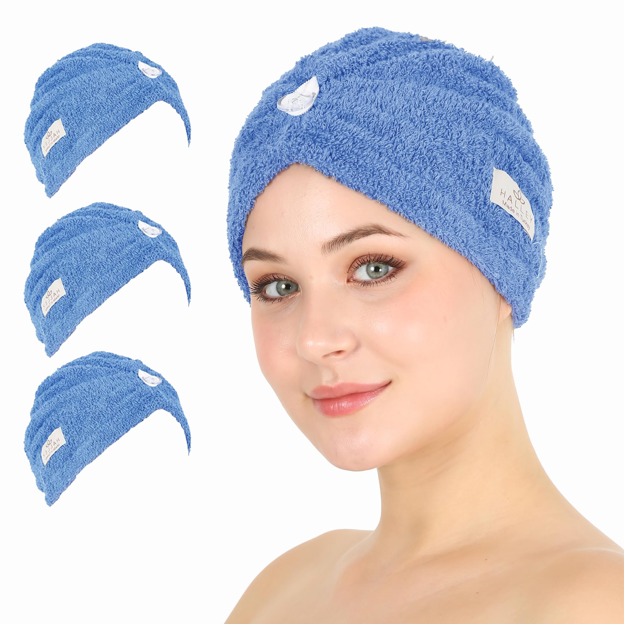 HALLEY Toalla de algodón para el cabello, 3 paquetes, súper absorbente, antiencrespamiento, de secado rápido, para cabello rizado, largo y grueso, turbantes para cabello húmedo con botón, toalla para