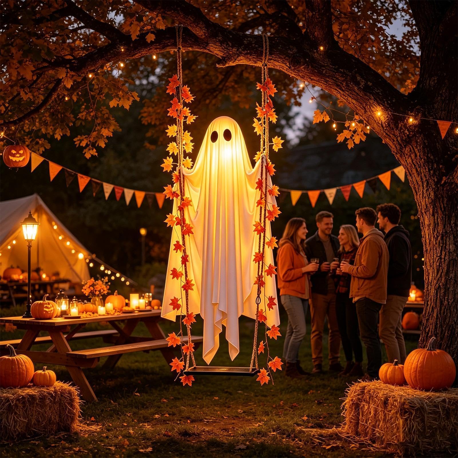 Fantasma di Halloween da Appendere su Altalena Decorazioni Esterno e Intern | Fantasma Luminoso Grande 120cm con luco LED 8 Modalità e Telecomando per Giardino Portico Albero Festa