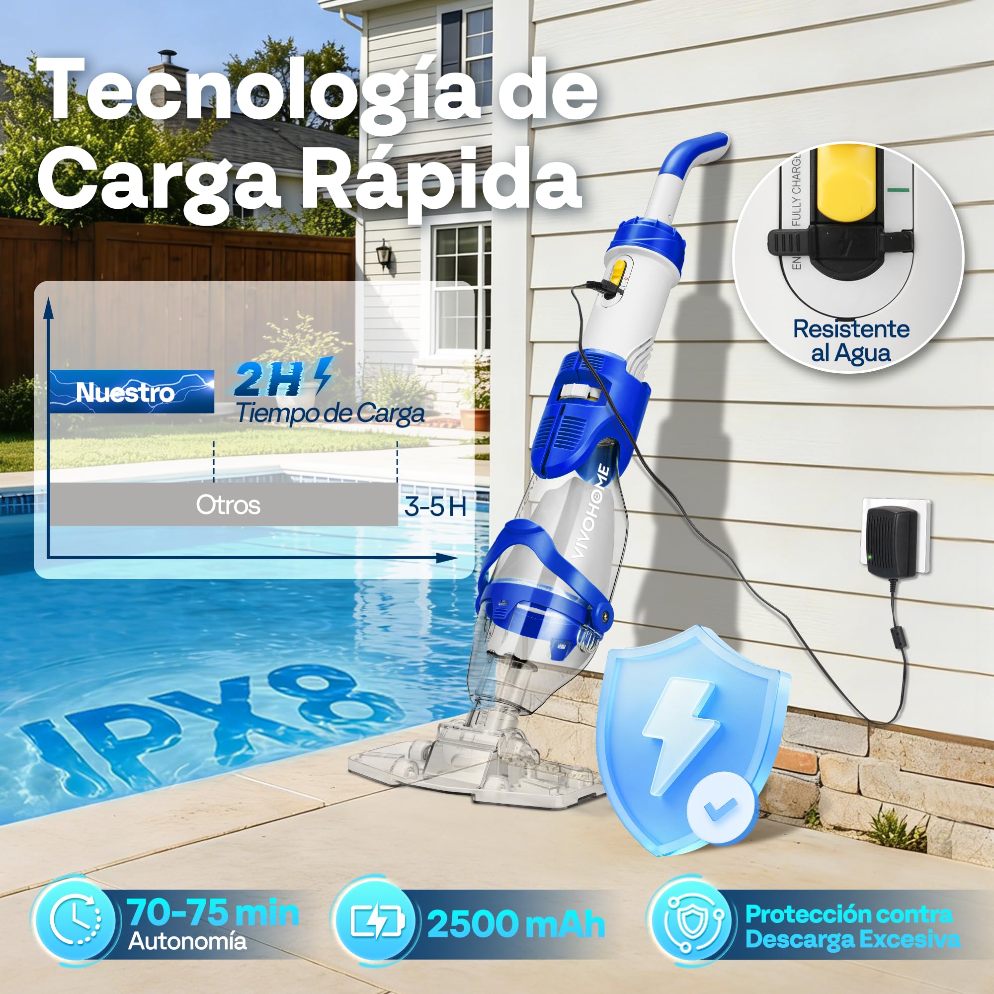 VIVOHOME 72LPM Limpiador Portátil para Piscina con Pértigas Telescópicas Aspirador de Piscina Autónomo de 75 Minutos Ideal para Piscinas Elevadas y Enterradas, Spas y Jacuzzis