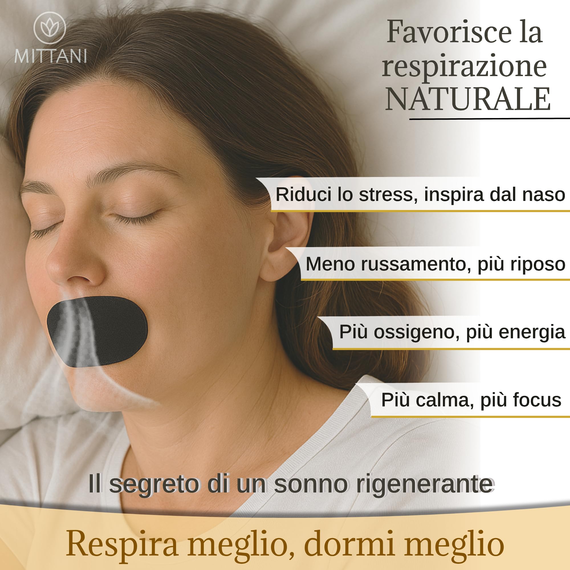 MITTANI® Mouth Tape, Cerotti Bocca per Dormire, Antirussamento, Respira Bene per Dormire Profondamente la Notte, Migliora la Qualità del Sonno Favorendo la Respirazione Nasale