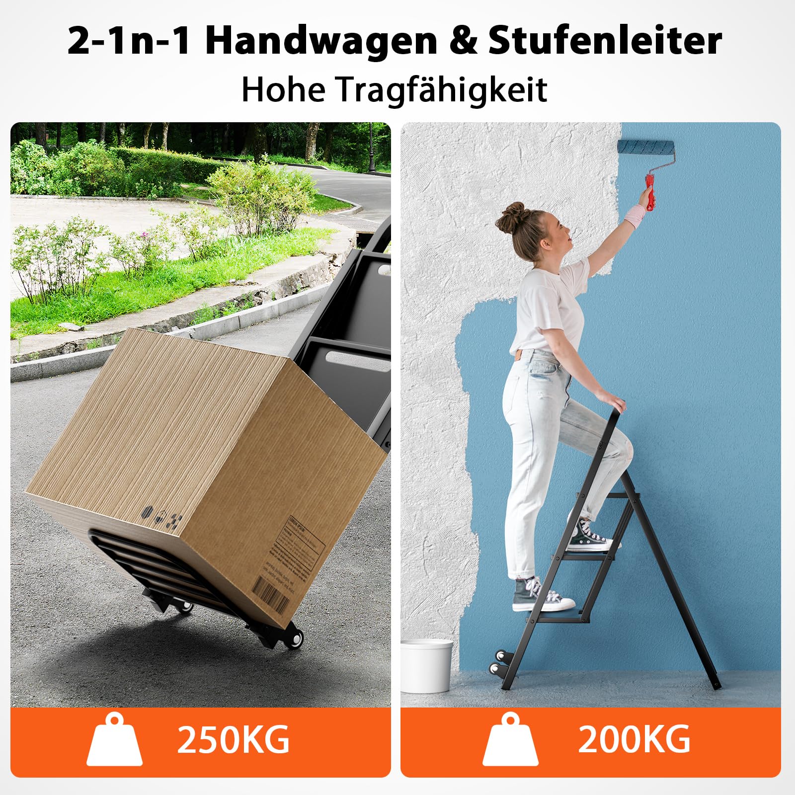 GYMAX 2 in 1 Sackkarre & Leiter klappbar, 3-Stufen Trittleiter aus Metall bis 200kg belastbar, Sackkarre mit Gummirädern, Griff & bis 250kg belastbar, Transportkarre für Garage & Zuhause