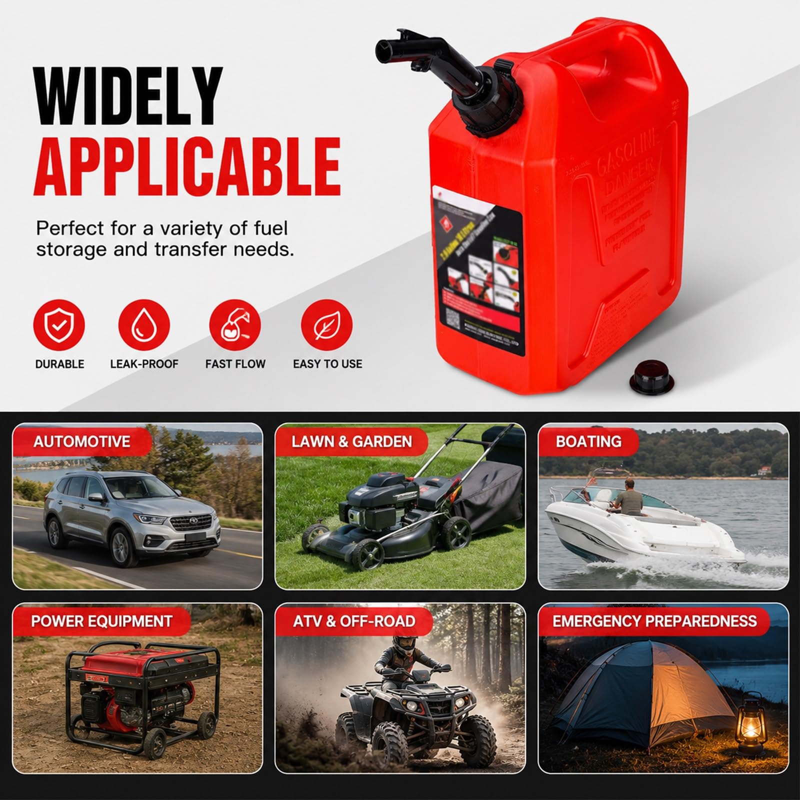 Garrafa Gasolina, Bidón Gasolina de Plástico con Boquilla de Seguridad, Contenedor Antifugas para Coche, Cortacésped y Generador(Red,5L/1.3Gla)