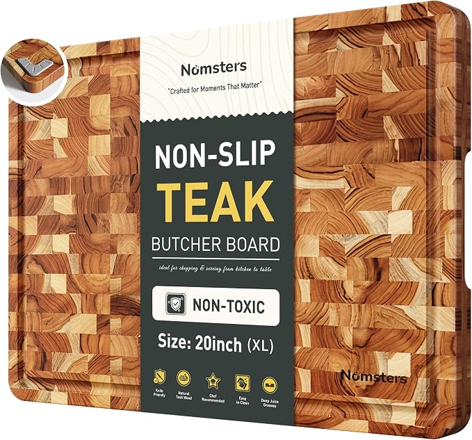 Extra Large End Grain Cutting Board for Kitchen with Non-slip Feet, Teak Wood Heavy Duty Checkered Cutting Board Handcrafted Luxury Chopping Board for Cheese and Vegetables Housewarming Gift