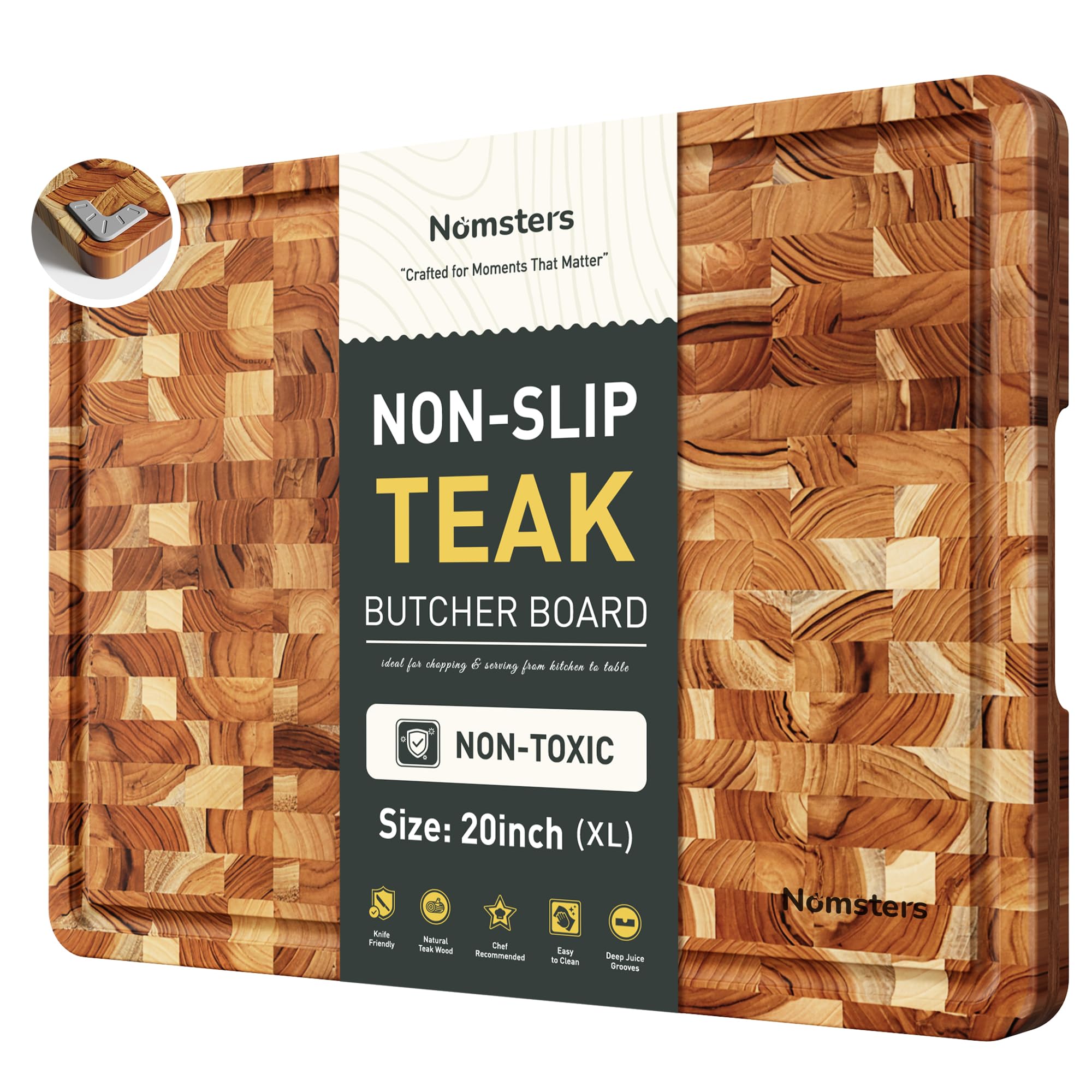 teak wood extra large end grain cutting board for kitchen with non-slip feet, heavy duty checkered cutting board handcrafted luxury chopping board for cheese and vegetables housewarming gift