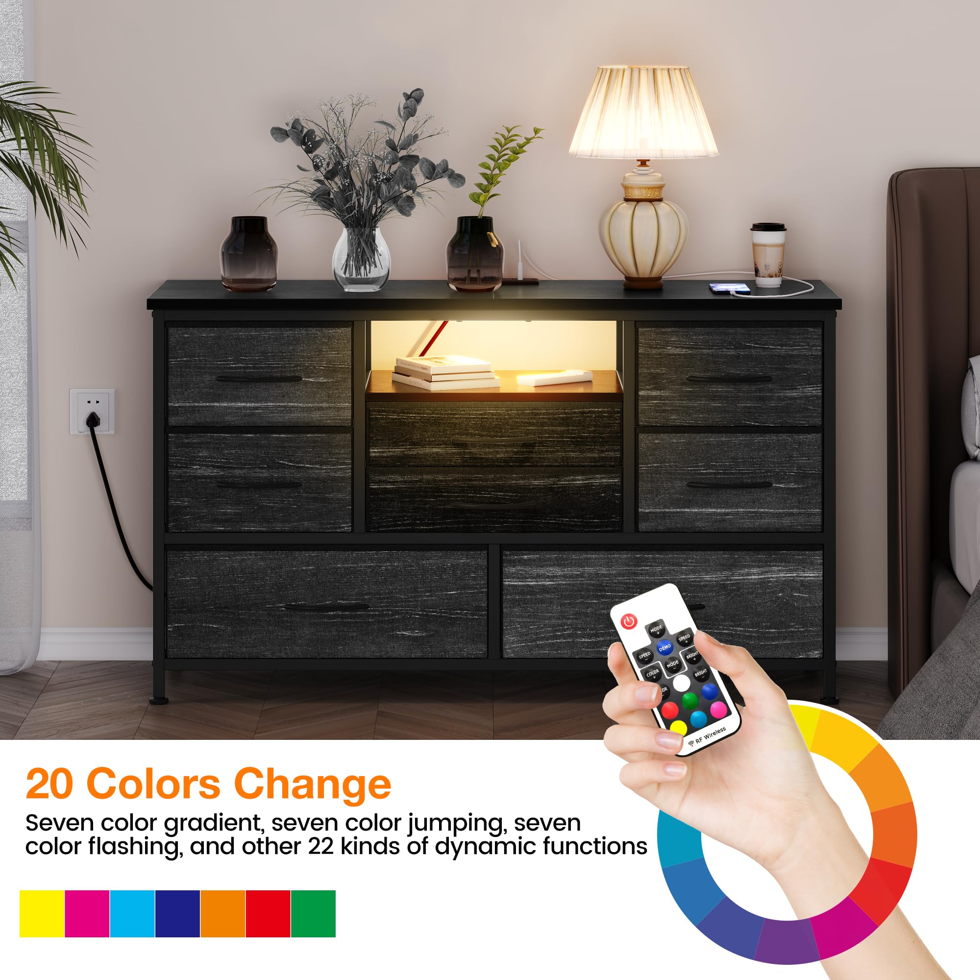 GarveeHome TV-Lowboard Mit Steckdosenleiste Inkl. USB & LED-Beleuchtung, 8–10 Stoffschubladen, Holzplatte, Für TVs Bis 55 Zoll, Breite TV-Konsole Stauraum Metallrahmen