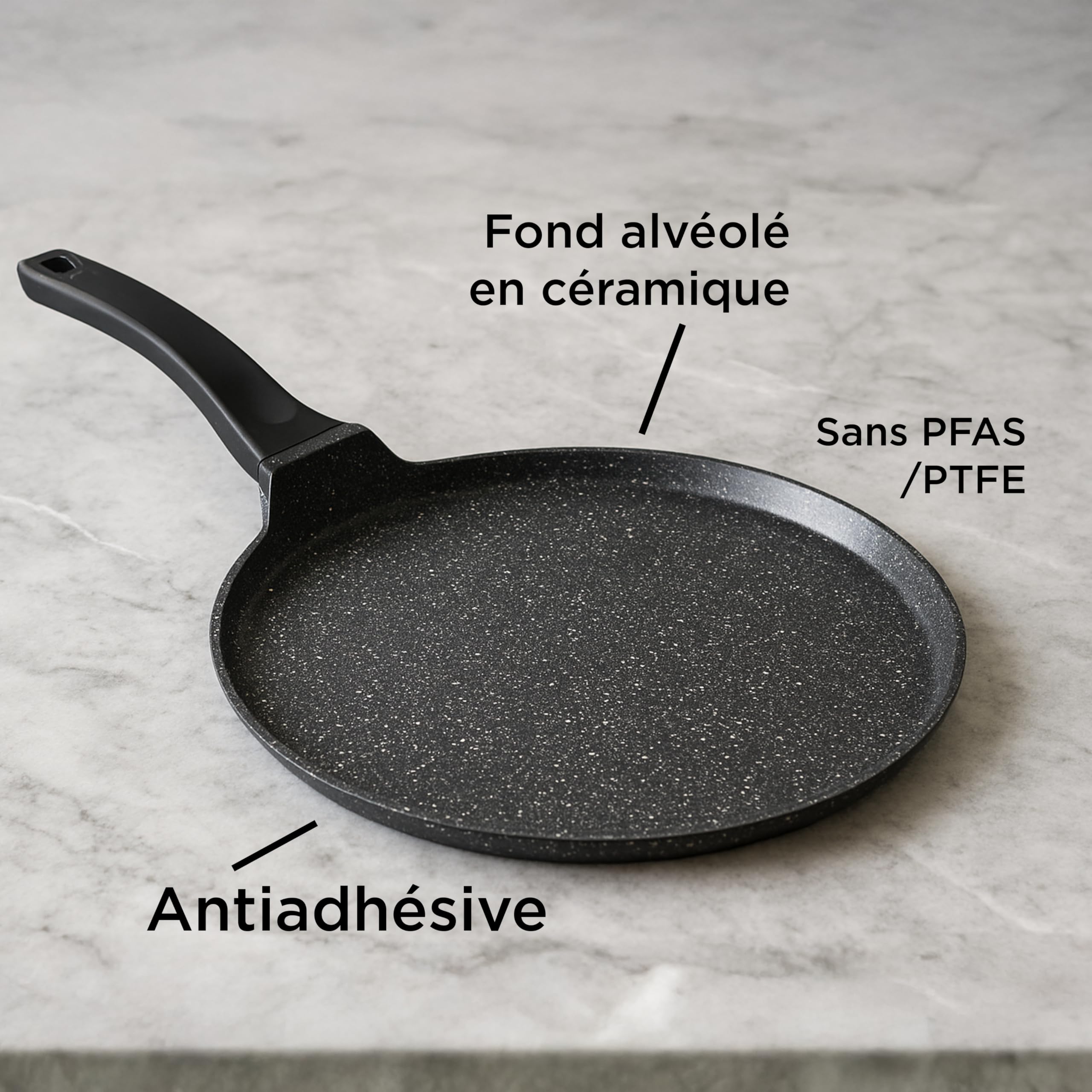 Mastrad - Poêle À Crêpes 32 cm - Poêle À Crêpière – Revêtement Céramique Sans PFAS/PTFE – Tous Feux Dont Induction – Fond Alvéolé – Cuisson Saine & Homogène, Noir