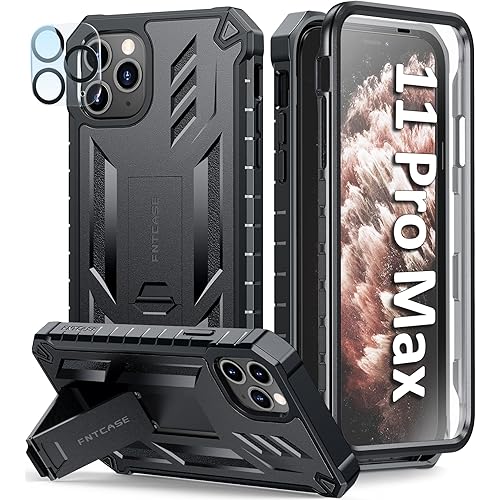 FNTCASE for iPhone 11 Pro-Max Case: Rugged Shockproof Protective Cases with Kickstand - Heavy Duty Dual Layer Military Grade Drop Proof Protection Cell Phone Cover (Black)